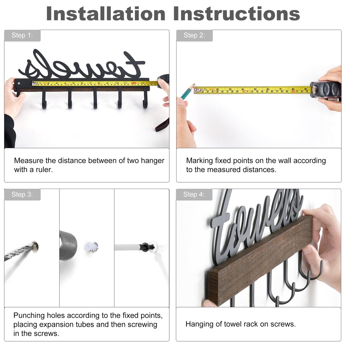 Dahey Towel Rack with 6 Hooks, Towel Holder Wall Mount Bathroom Organizer Rustic Farmhouse Home Decor Hanger Storage Hooks for Towel, Robe, Bag, Black