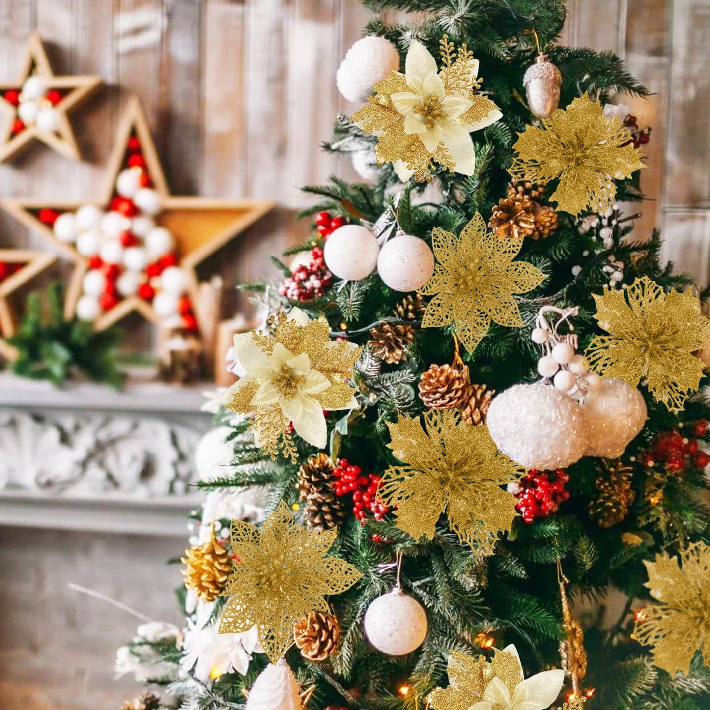 SJL 66 Pcs 3 Styles Christmas Glitter Poinsettia Flowers Artificial Berry Picks Christmas Tree Ornaments Artificial Christmas Flowers with Clips for Xmas Wedding Wreath Floral Decorations (Gold)