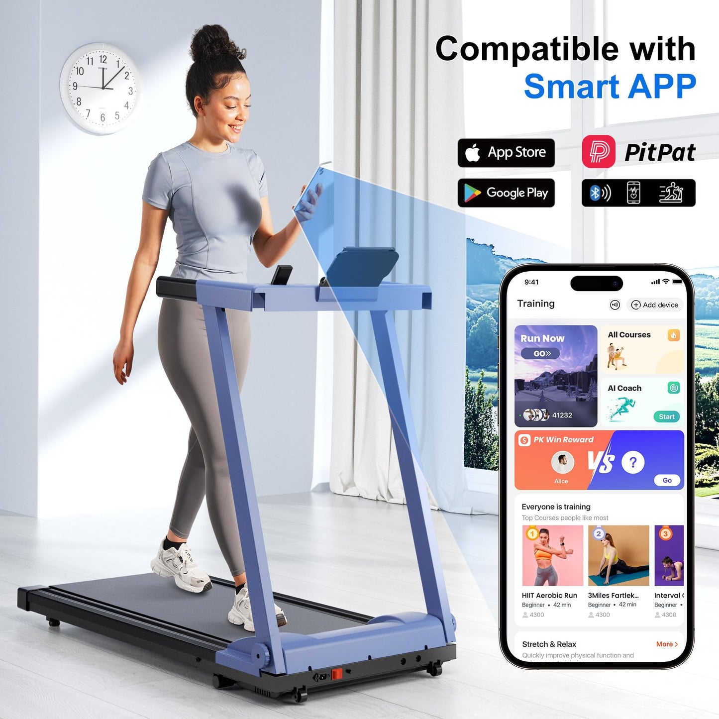 Treadmill for Home with Incline Folding Treadmills Running Machine for Small Spaces with Handle 300 LB, 3.0 HP, 7.5 MPH Foldable Treadmill with App