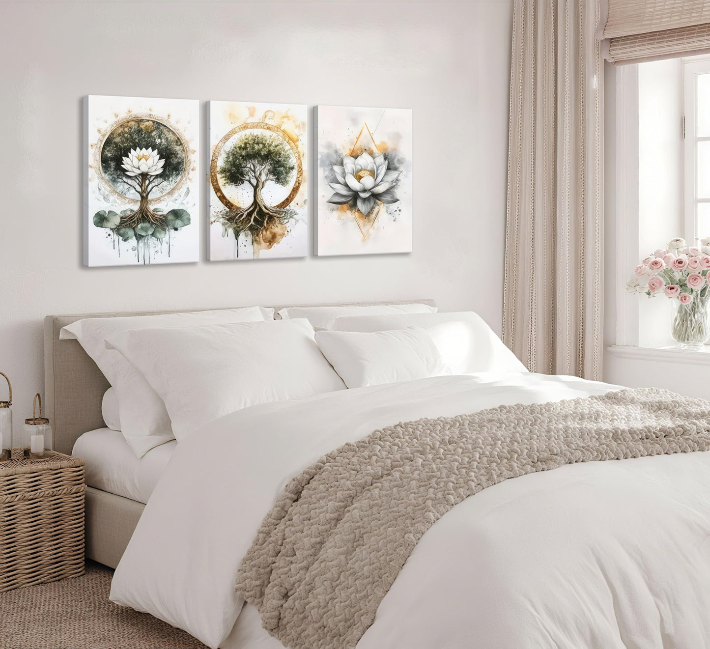 3Pcs Zen Meditation Lotus Canvas Wall Art Spiritual Bathroom Yoga Spa Paintings Pictures Wall Decor Tree of Life Posters Prints Artwork for Living Room Office Bedroom Home Decoration.