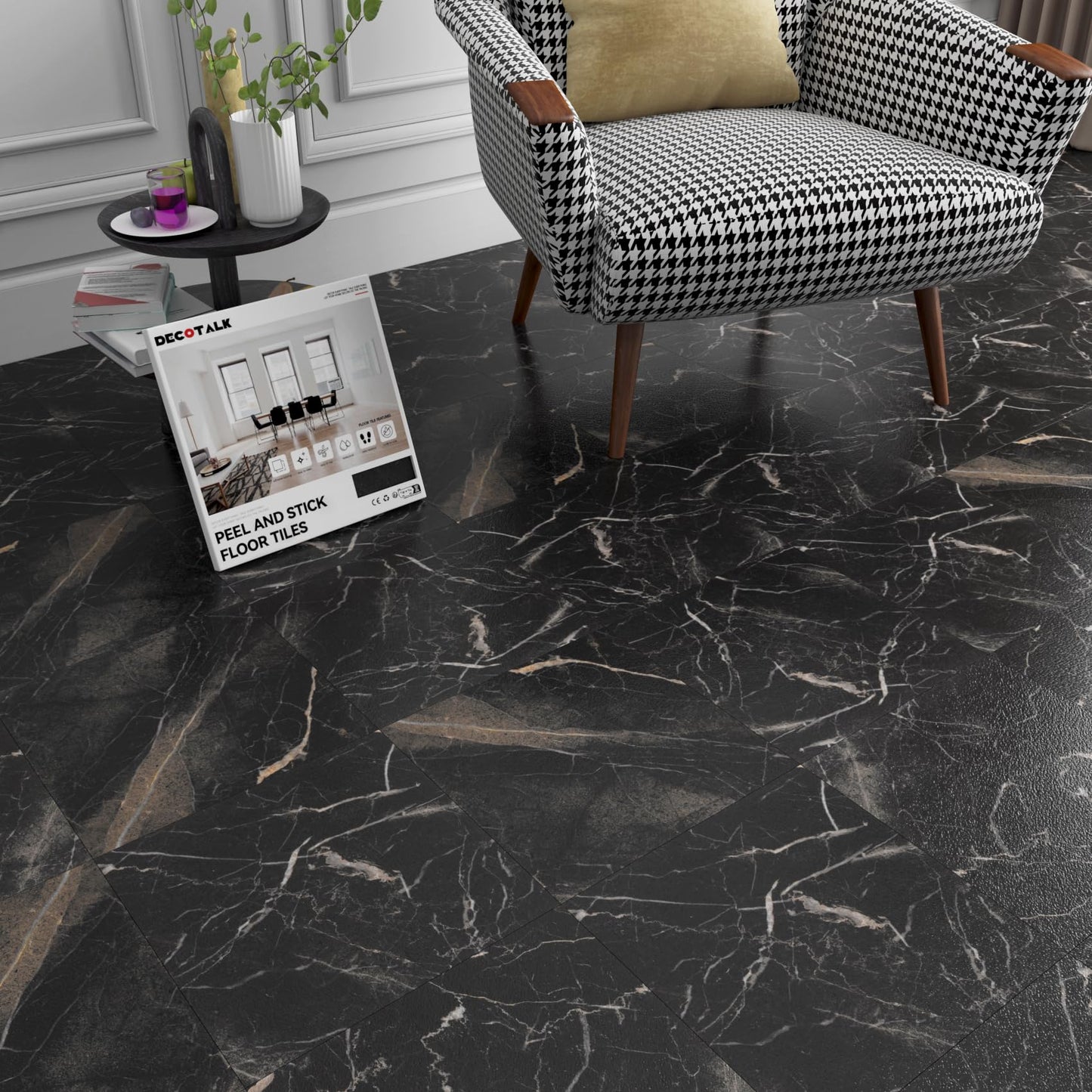 Decotalk 30-Sheet Peel and Stick Flooring Tile Floor Black Floor Tile for Bathroom Kitchen 12x12 Inch Black Marble Tile Floor Shower Floor Tile Self Adhesive Floor Tile Vinyl Peel and Stick Floor Tile