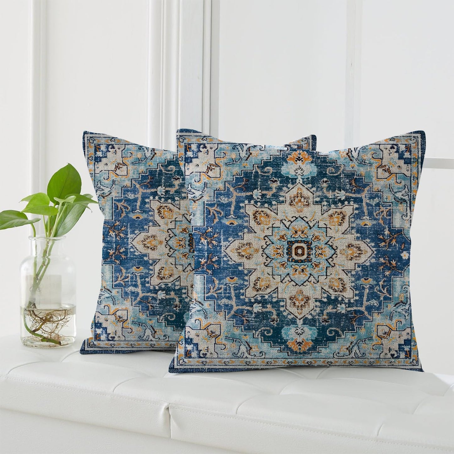 infenhiy Throw Pillow Covers Pack of 2 Double-Sided Printing Home Indoor and Outdoor Sofa Bed Decor 18 x 18 Inch pillowcover (Blue Light Blue Bohemian Pattern, 18x18Inch)