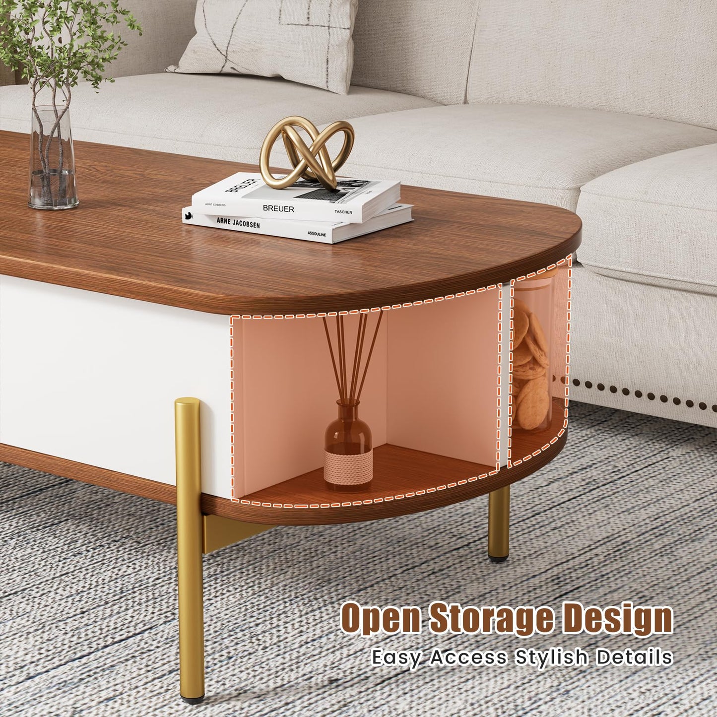ALLSTAND 48" Oval Lift Top Coffee Table with Storage Metal Legs & Large Hidden Compartment, Coffee Tables with Lifting Top with Open Shelf, Lift Coffee Table with Wooden Lift Tabletop for Living Room