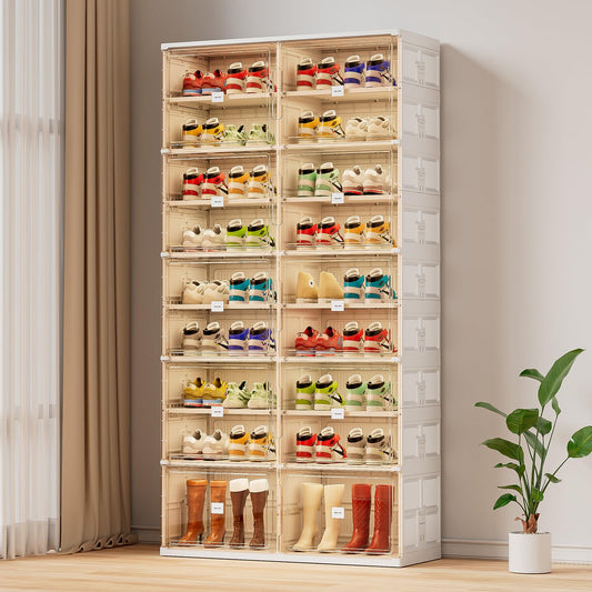 JEKO&JEKO 9 Tiers 36 Pairs Foldable Shoe Rack Organizer for Closet Entryway, Large Collapsible Shoe Storage Organizer Cabinet with Magnetic Doors (White)