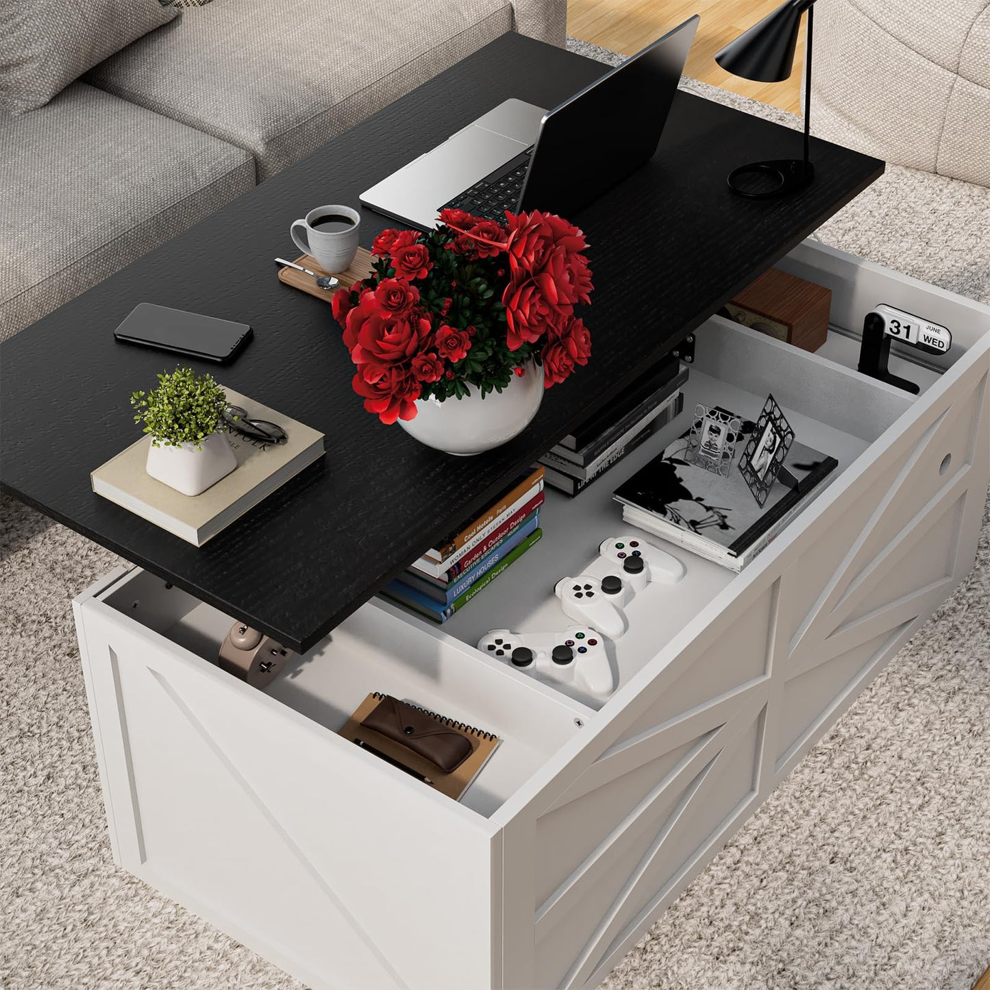 HPWLYQ 48" Lift Top Coffee Table with Storage & Power Outlets, Farmhouse Coffee Table with Sliding Barn Doors, Wood Square Center Table for Living Room Office Black