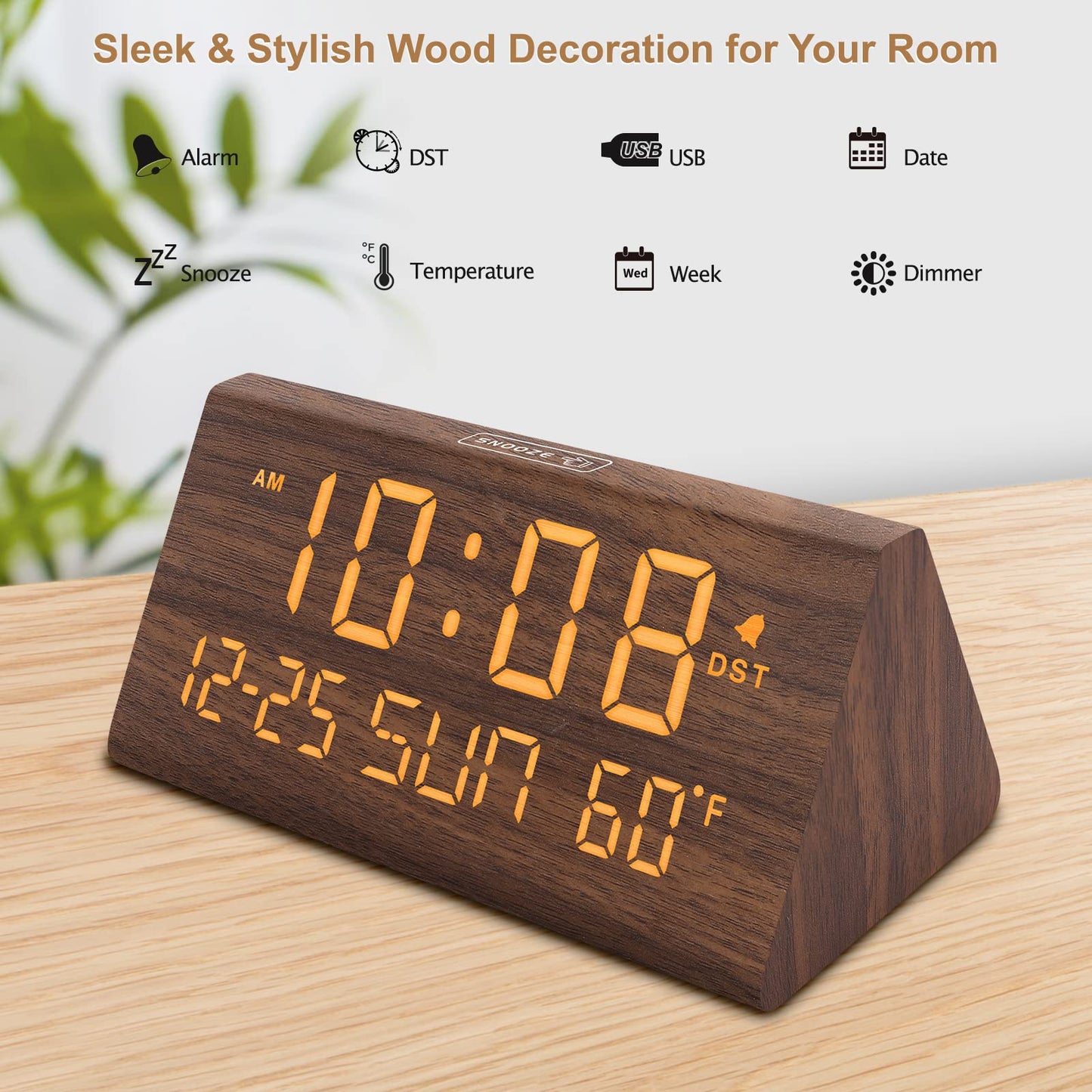 DreamSky Digital Alarm Clocks for Bedrooms - Wooden Desk Clock with Date, Day of Week, USB Port, Temperature, Dimmer for Bedside Table, Living Room, Office, Adjustable Volume, Auto DST, Wood Decor