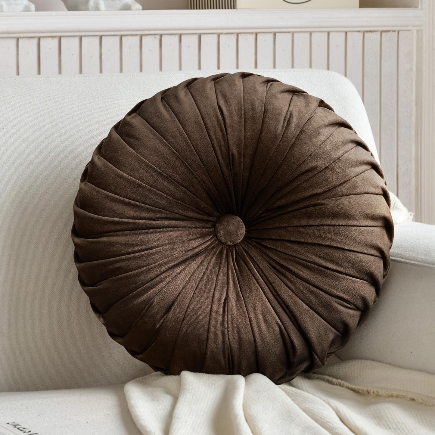 Teieas Round Throw Pillow Velvet Home Decoration Pleated Round Pillow Cushion for Couch Chair Bed Car (Brown)