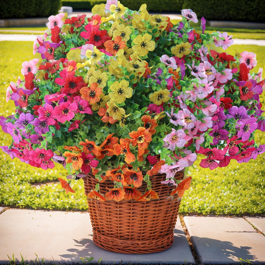 SHIAWASENA Realistic Outdoor Fake Plants Flowers, Artificial Flowers, UV Resistant, 12 Bundles Faux Silk Colorful Violet Flowers Bouquet with Eucalyptus for Porch Patio Window Box Yard Pot Planters