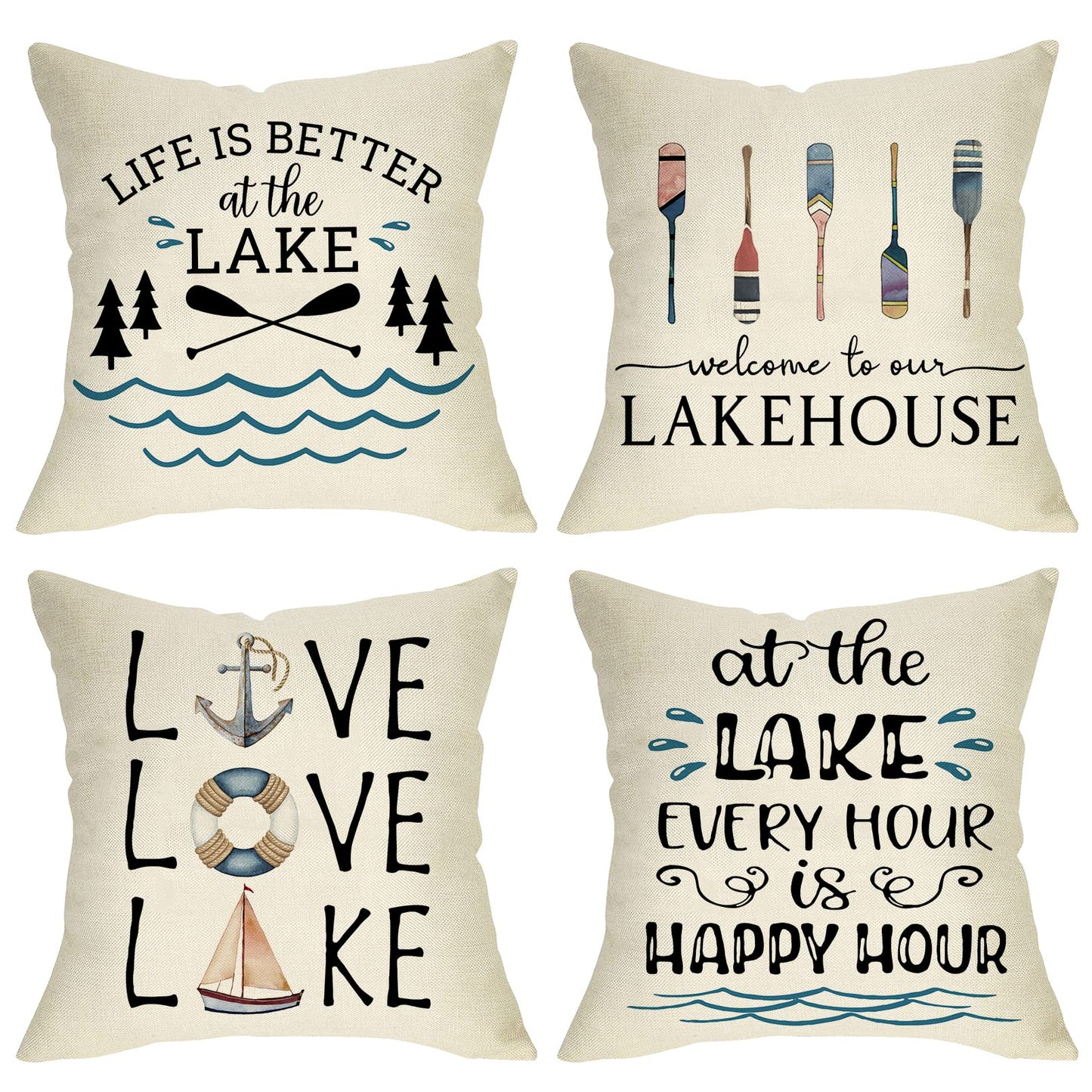 Softxpp Life is Better at the Lake House Decorative Throw Pillow Cover Set of 4, Farmhouse Paddles Anchor Lakehouse Cushion Case, Lakehouse Rustic Spring Summer Home Decoration Pillowcase Decors 18x18