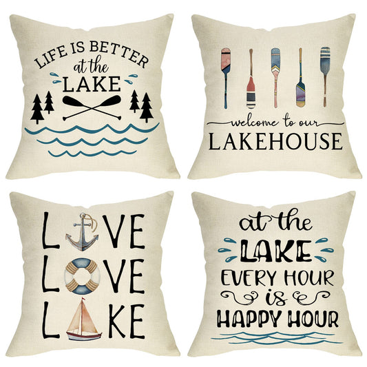 Softxpp Life is Better at the Lake House Decorative Throw Pillow Cover Set of 4, Farmhouse Paddles Anchor Lakehouse Cushion Case, Lakehouse Rustic Spring Summer Home Decoration Pillowcase Decors 18x18