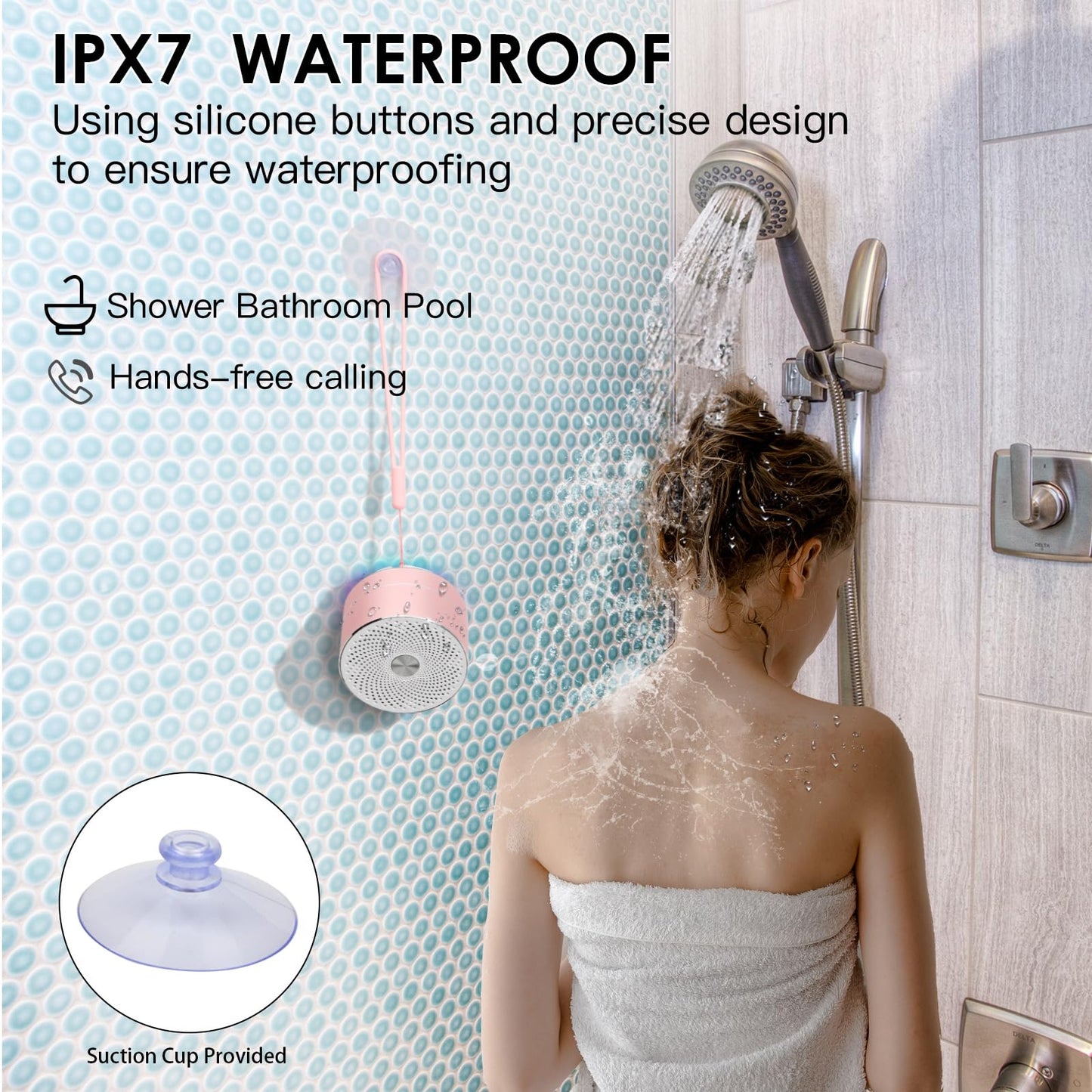XLEADER Mini Bluetooth Shower Speaker, IPX6 Waterproof Speaker, with RGB Lights, Mic, Portable Silicone Lanyard, Suction Cup, Clear Sound&Rich Bass, 12h Playtime, Small Pink Gifts for Girls Women