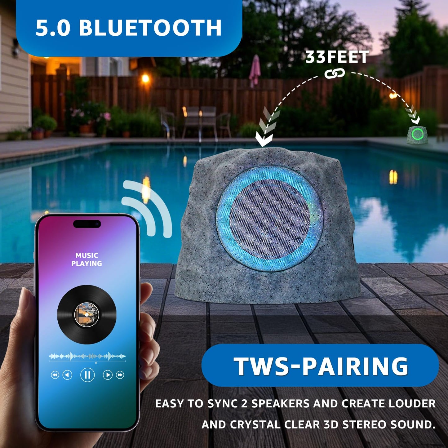 GGII 2-Pack Solar Powered Rock Speakers Outdoor Water-Resistant with 3 Mode Lights and Pair Function USB Rechargeable for Patio Garden Party Pool Outside(Two A)