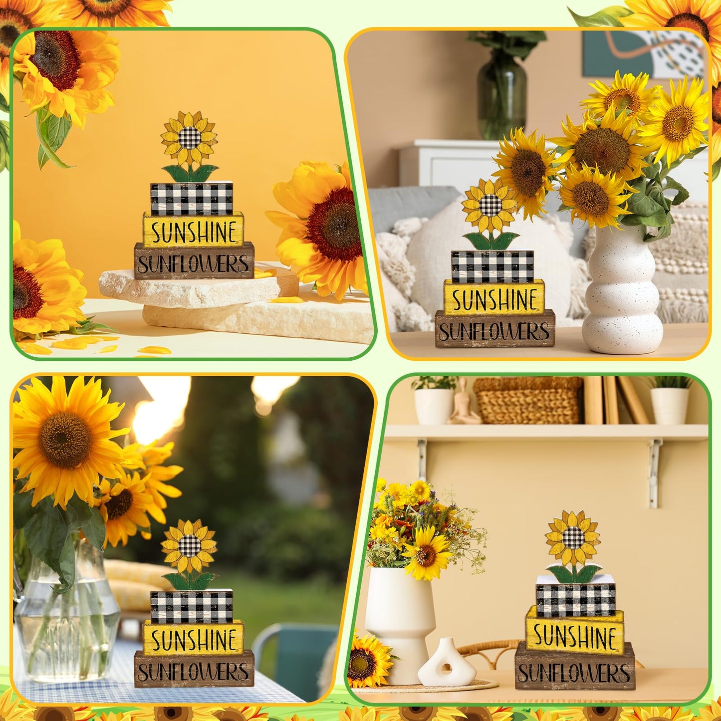 Britimes 4 Pcs Summer Sunflower Decor Wooden Tiered Tray Sign, Farmhouse Rustic Decorative Book Stack Block Sunshine Table Centerpieces for Home Shelf Table Decorations (Sunflower)
