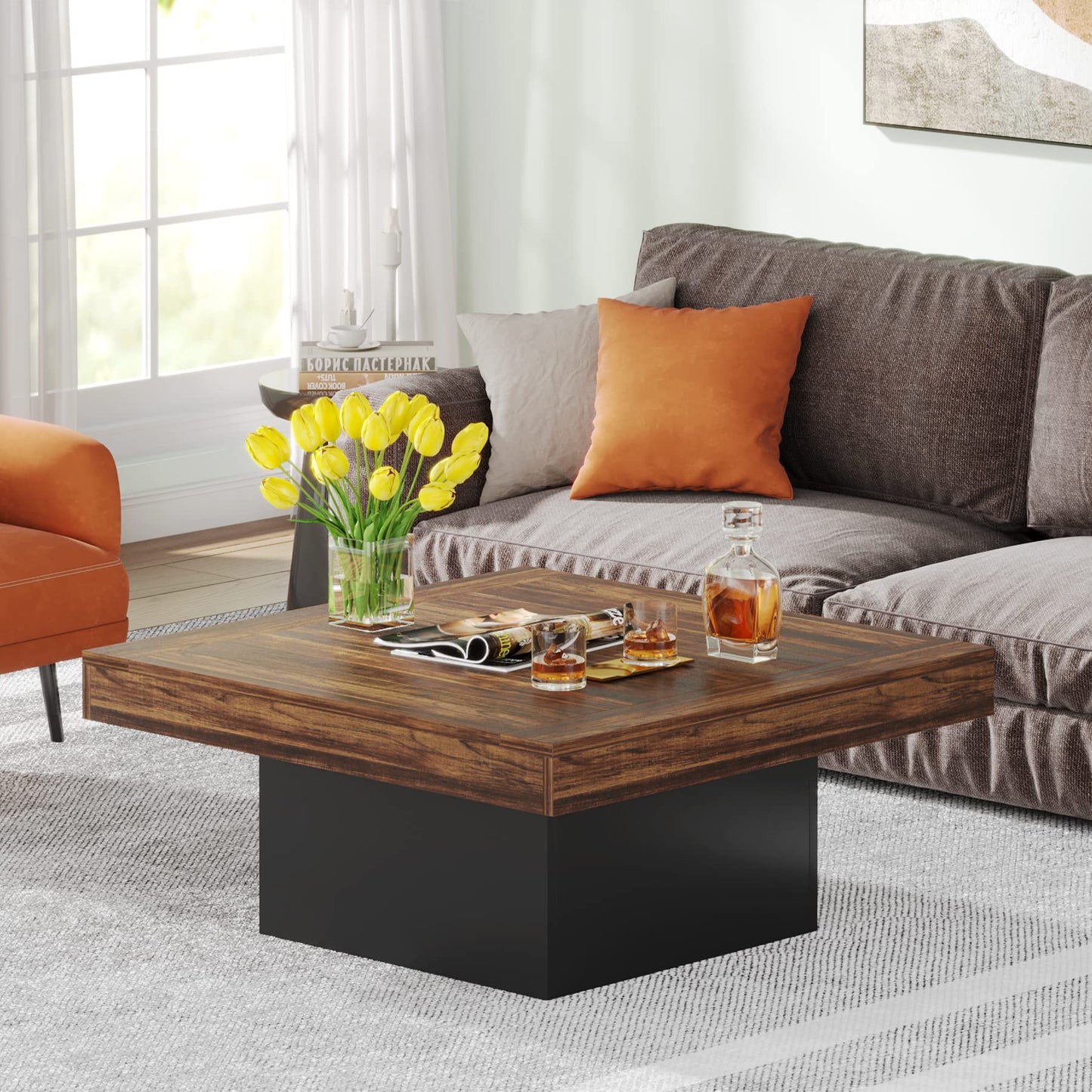Tribesigns Farmhouse Coffee Table Square LED Engineered Wood Low Coffee Table for Living Room Rustic Brown & Black