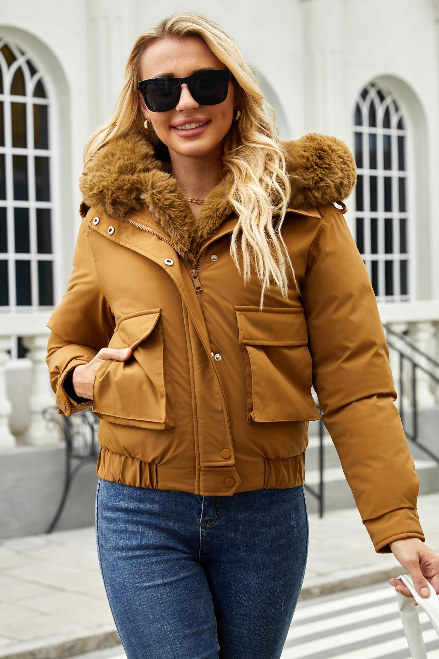 MODERN BUBBLE Women's Thickened Down Jacket with Detachable Fur Hood Winter Warm Parka Puffer Down Coat (US, Alpha, Small, Regular, Regular, Coffee)
