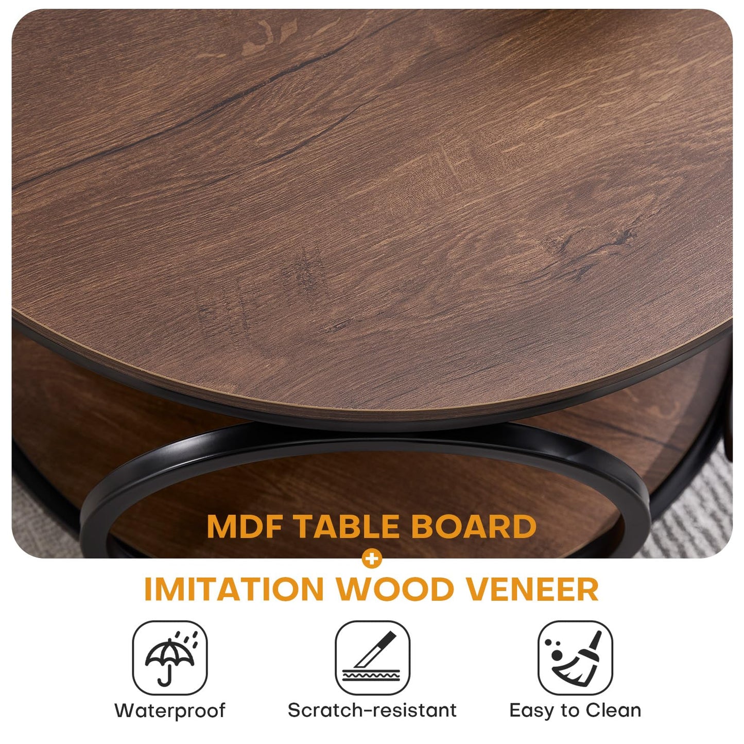 BECHAEO 31.5" 2 Tier Industrial Round Coffee Table, Modern Round Wood Coffee Table with Sturdy Circle Metal Frame for Living Room Home Furniture, Classic Walnut