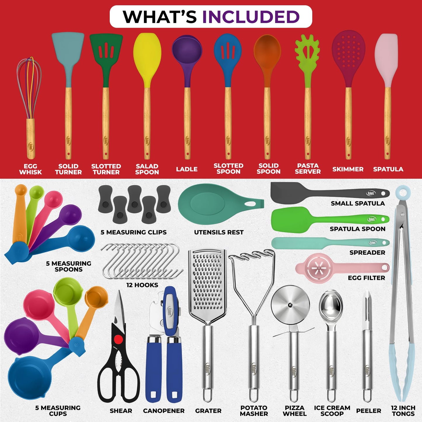 Kaluns 50 PCS Silicone Kitchen Utensils Set Complete Kitchen Set - 800°F Heat Resistant Non-Stick Premium Silicone Cooking Utensils W Wooden Handles - Can Opener, Masher, Turner, Silicone Spatula Set