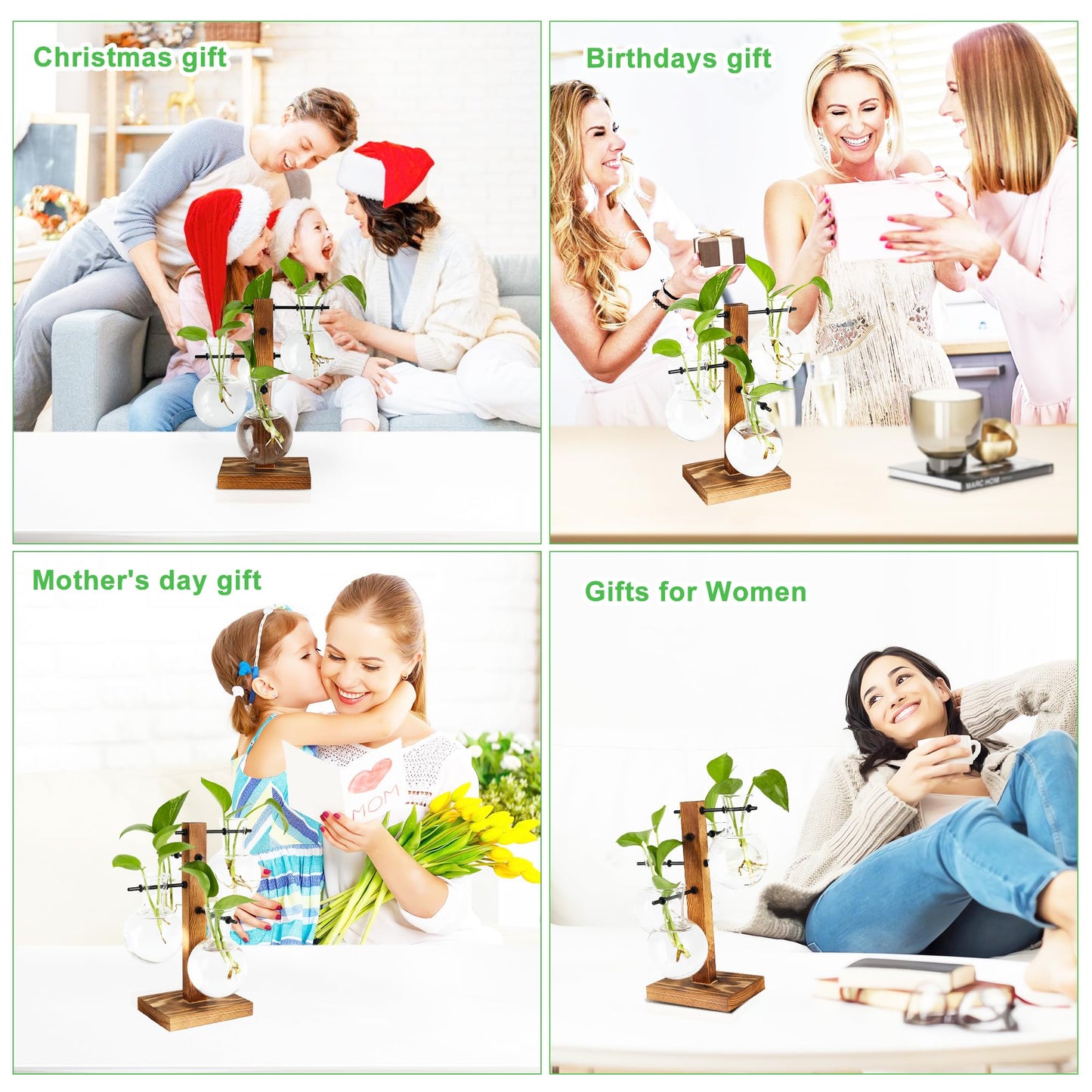 PAG Planter Terrariums Kit Desktop Hydroponics Air Plant Holder with 4 Bulb Beaker Glass Vase and Solid Wood Stand, Home Office Decoration Gardening Gift for Women