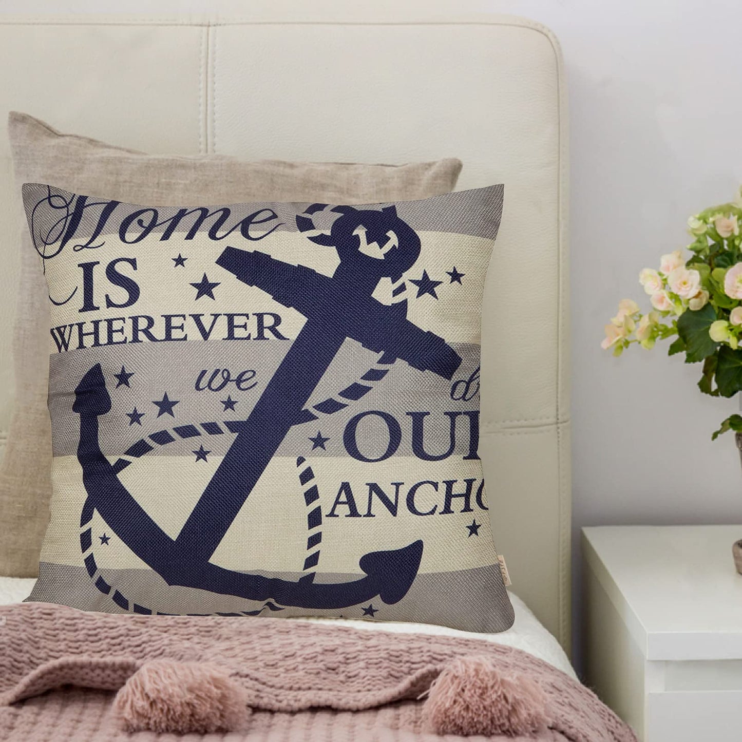 Fjfz Nautical Farmhouse Decorative Throw Pillow Cover 18x18 Home is Wherever We Drop Our Anchor Quote Sign Summer Ocean Cruise Lover Decoration Home Decor Cotton Linen Cushion Case for Sofa Couch