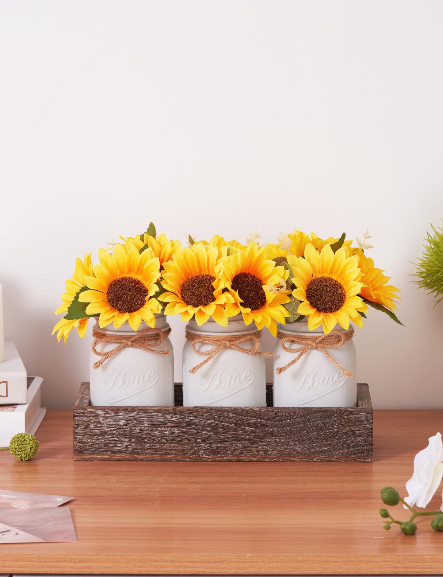 Mason Jar Sunflower Kitchen Decor, Spring Centerpieces for Tables with Sunflowers Artificial Flowers, Farmhouse Wood Tray, Sunflower Spring Bathroom Table Decor, Centerpiece Table Decorations for Home