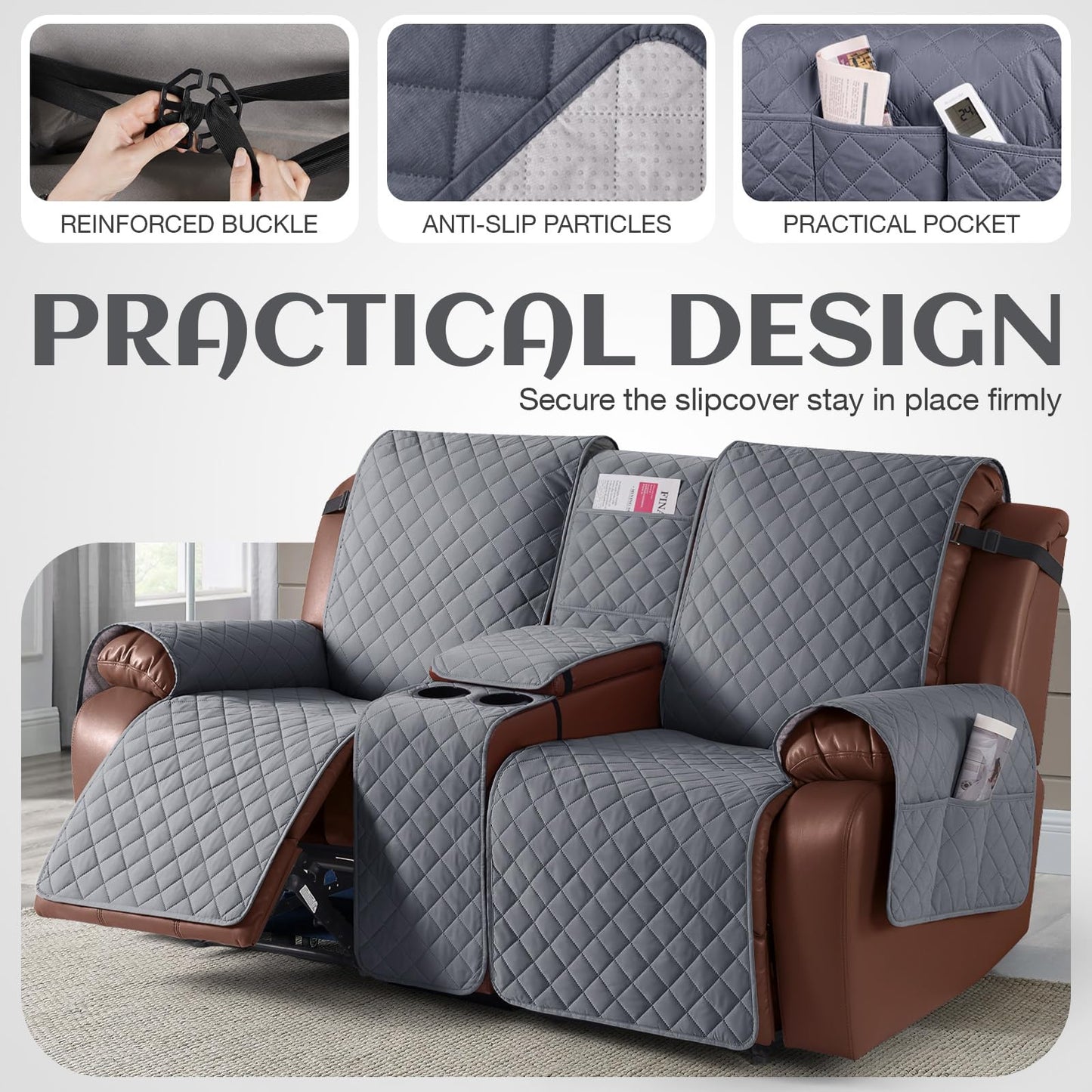 KinCam 100% Waterproof Recliner Loveseat Cover with Console, Non-Slip Reclining Couch Covers for 2 Seat, Recliner Sofa Cover Furniture Protector with Elastic Straps for Kids, Pets, Dark Gray