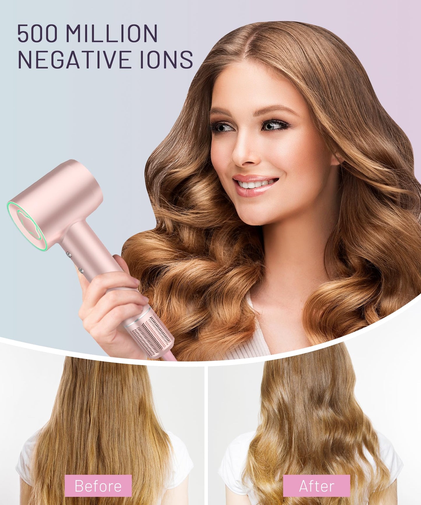 Hair Dryer - 150000 RPM High-Speed Brushless Motor Negative Ionic Blow Dryer for Fast Drying, Low Noise Thermo-Control Hair Dryer with Diffuser and Nozzle, Pink