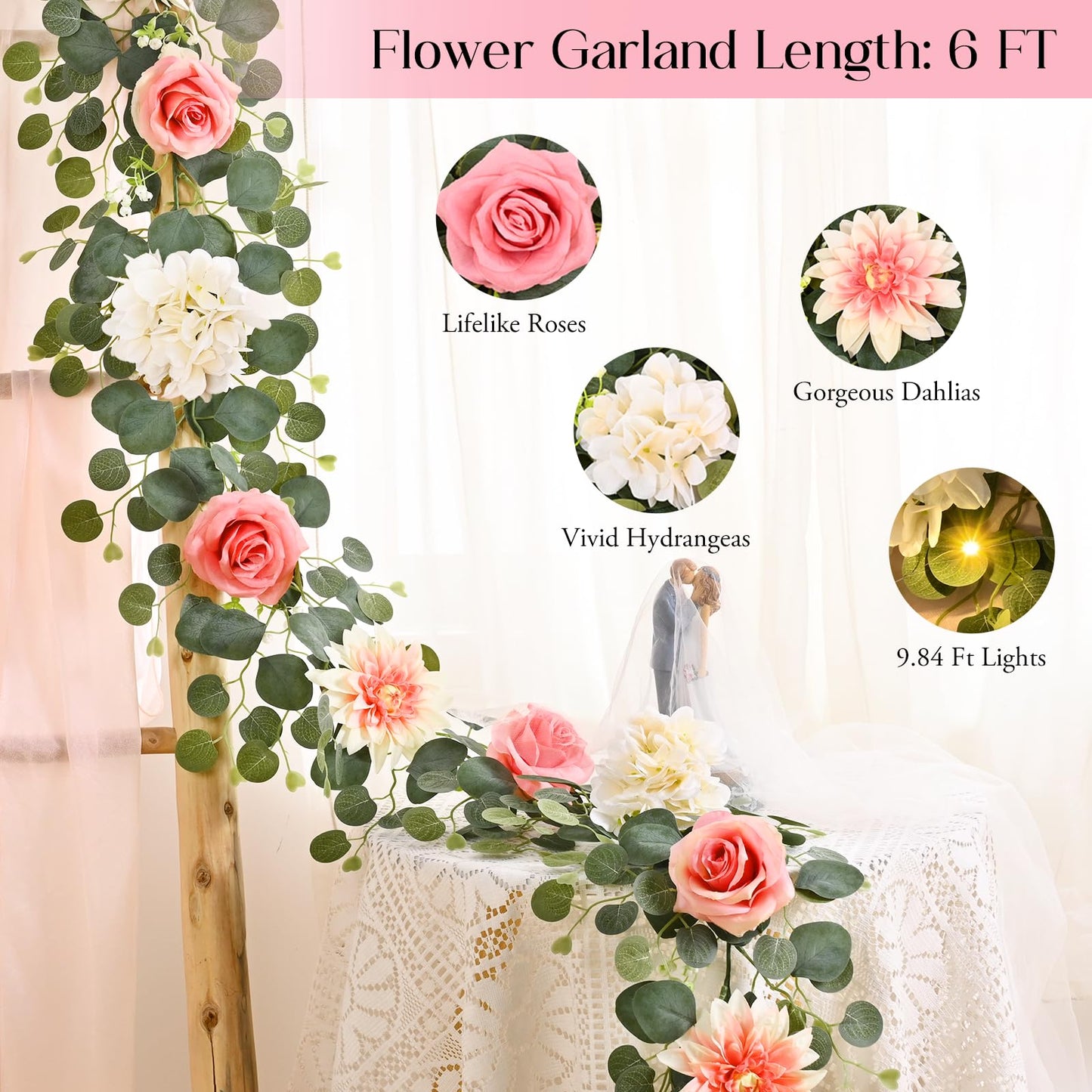 Yastouay 6 Ft Flower Garland with Lights, Pink Rose Floral Garland Fake Flowers for Wedding Arch Party Tables Backdrop Decor