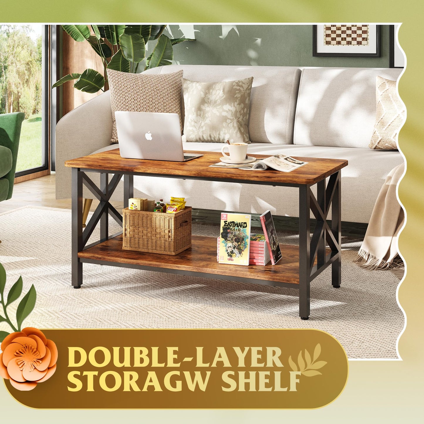 WLIVE Coffee Table for Living Room, 39" Center Table with Round Corners, Storage Shelf, Farmhouse Style Small Coffee Table with Metal Frame, Rustic Brown