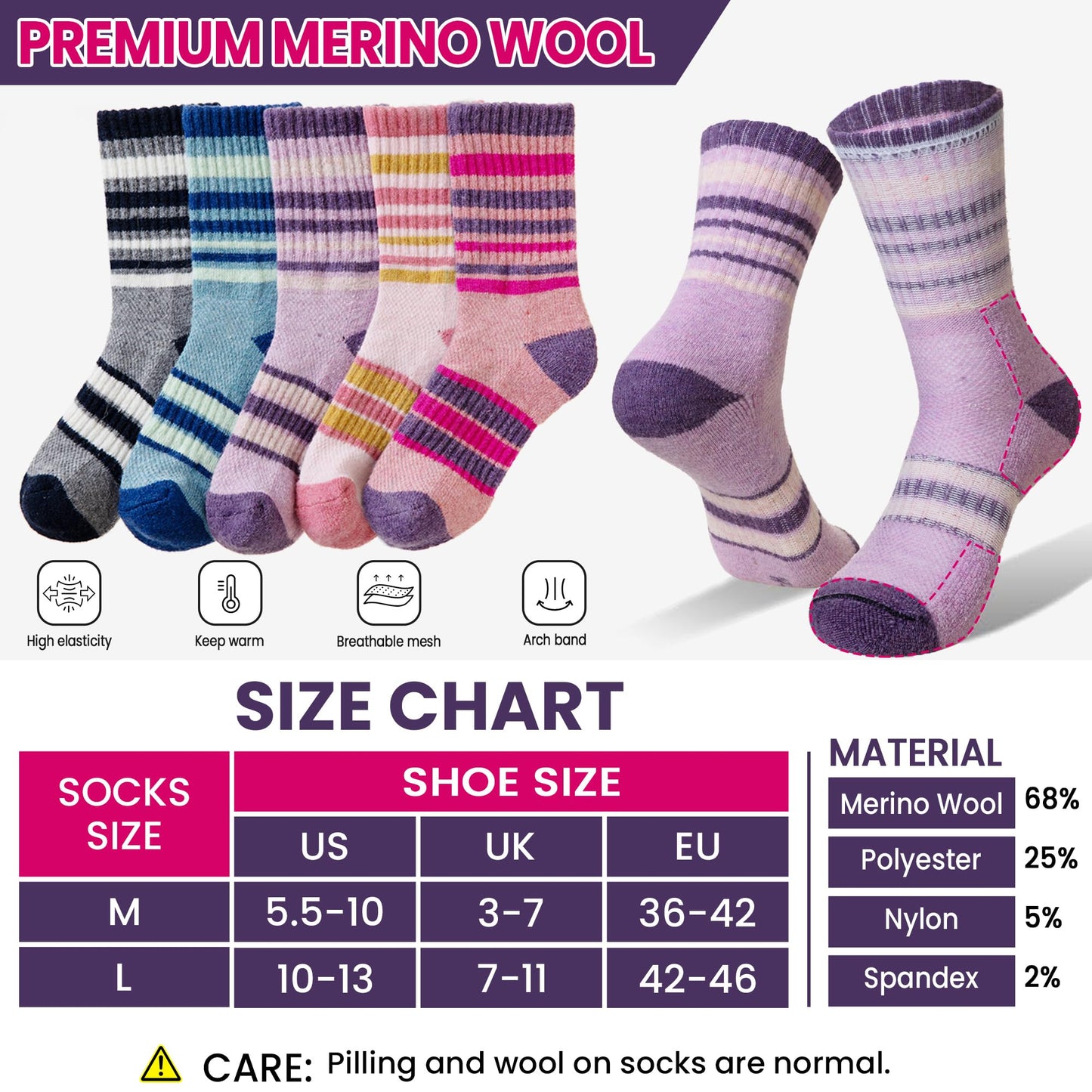 DoSmart Merino Wool Hiking Socks for Women Thermal Winter Warm Moisture Wicking Boot Work Cushion Gift Socks 5 Pairs(Stripe A,Medium)