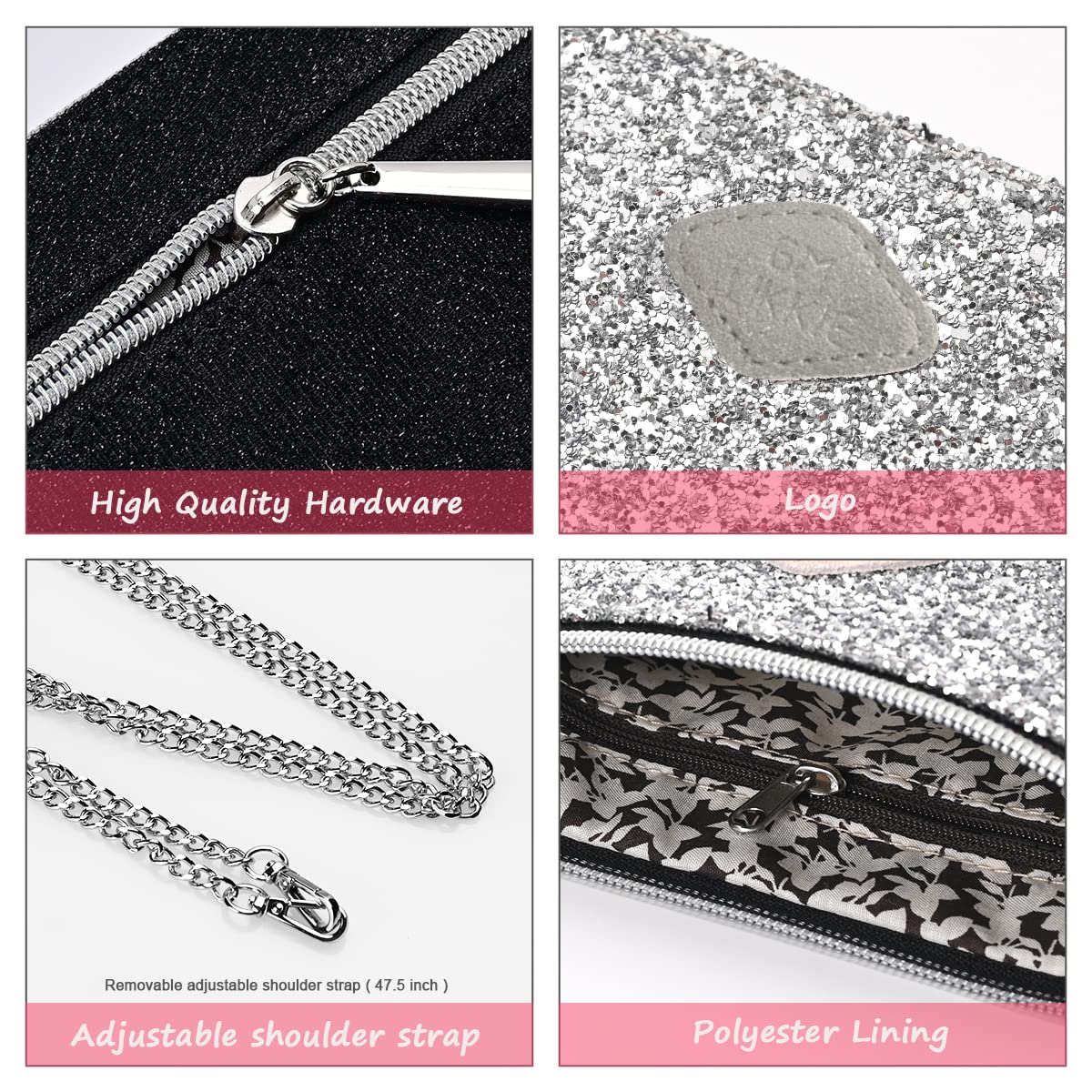 GM LIKKIE Crossbody Clutch Purse for Women, Glitter Evening Bag, Sequin Wedding Handbag for Party (Silver)