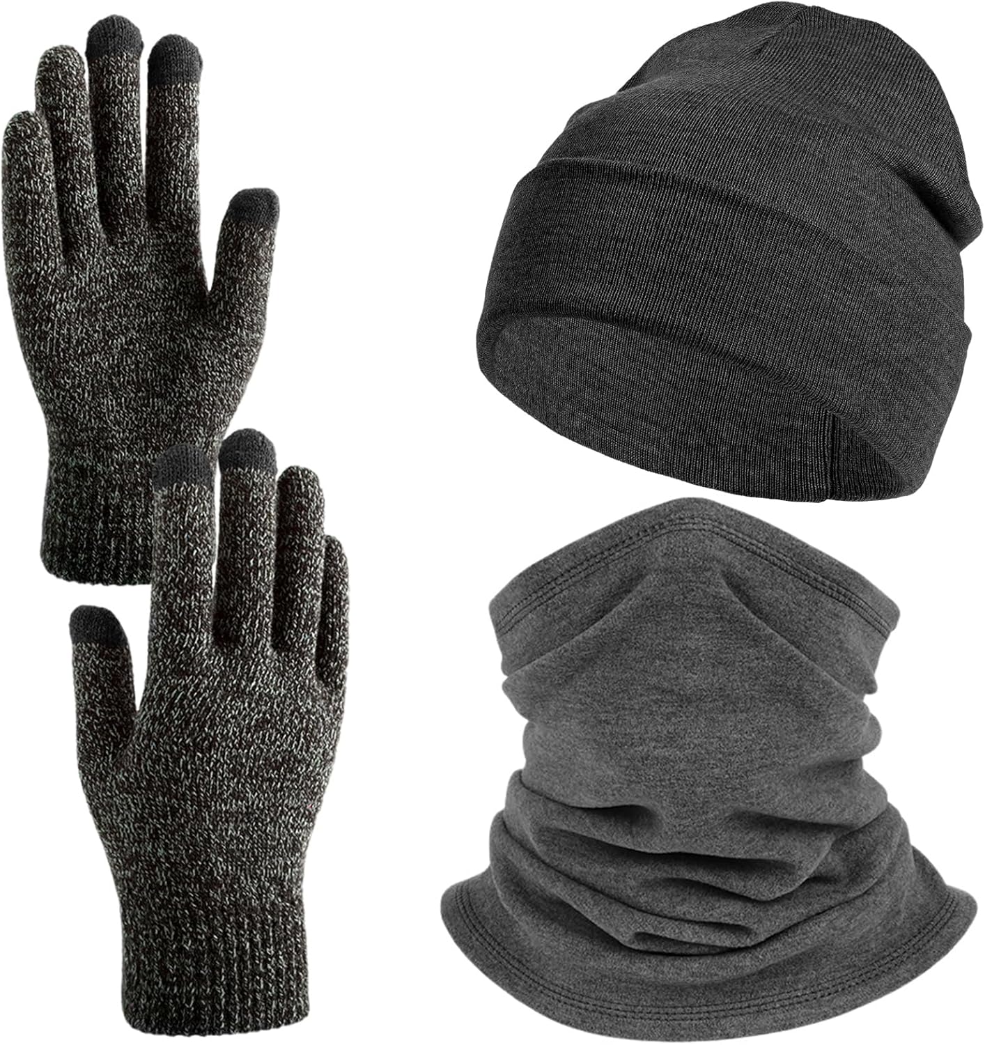 Winter Beanie Hat Neck Warmer Neck Gaiter Touchscreen Glove Set Cold Weather Gear Unisex,Warm Winter Stretchy Knit Gloves Hat (Grey)