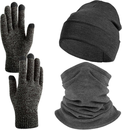 Winter Beanie Hat Neck Warmer Neck Gaiter Touchscreen Glove Set Cold Weather Gear Unisex,Warm Winter Stretchy Knit Gloves Hat (Grey)