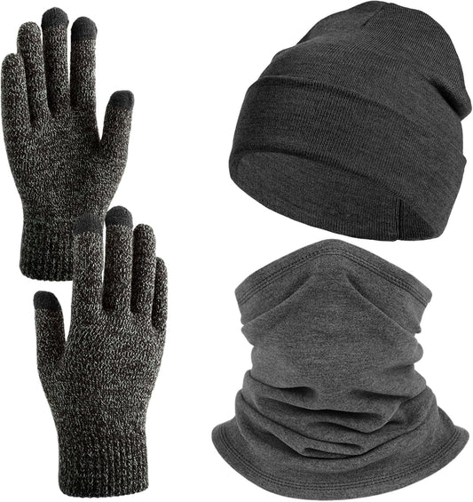 Winter Beanie Hat Neck Warmer Neck Gaiter Touchscreen Glove Set Cold Weather Gear Unisex,Warm Winter Stretchy Knit Gloves Hat (Grey)