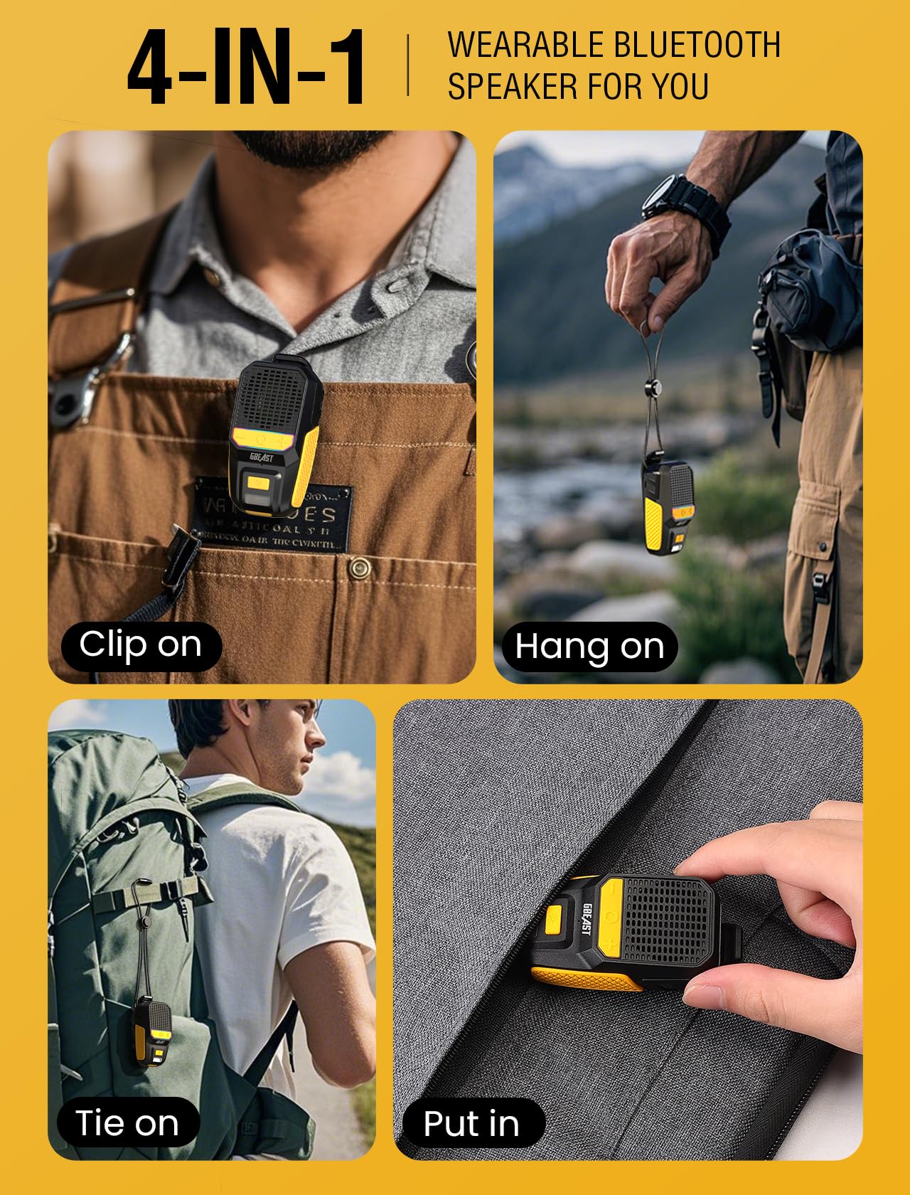 GBEAST Wearable Bluetooth Speaker, Clip-On Mini Portable Speakers All Day Playtime Waterproof Built-in Mic for Hands-Free Music/Calls Bluetooth Speaker with RGB/Flashlight for Jobsite/Outdoor/Golf