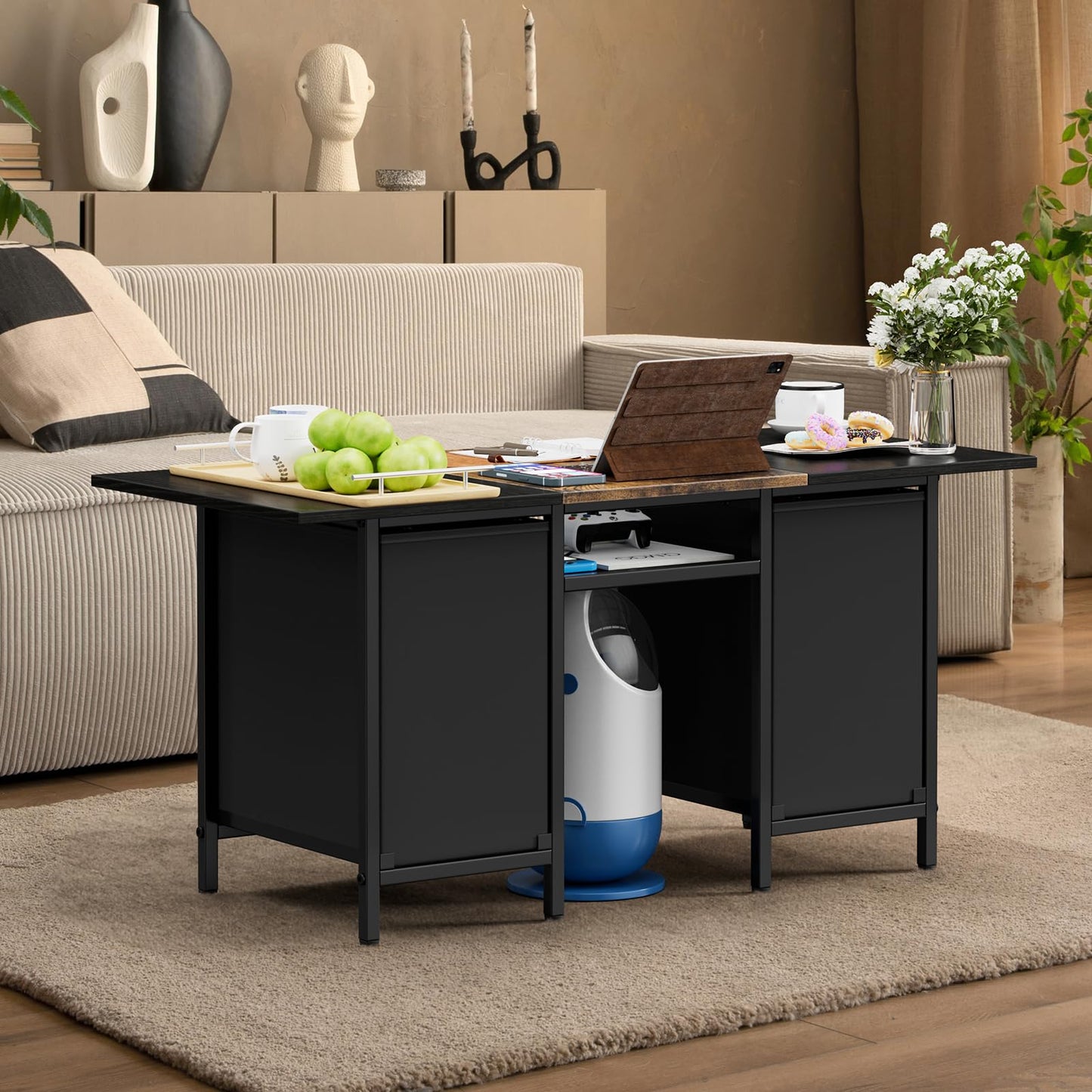 Small Coffee Tables for Living Room 35'' Rectangle Coffee Table with 2 Fabric Storage Drawers and Metal Shelf, Wood Center Table for Small Spaces, Home Office, Black & Rustic Brown