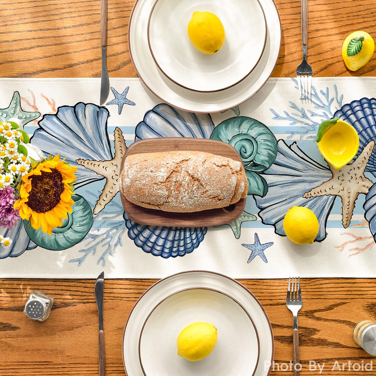 Artoid Mode Sea Shell Starfish Summer Table Runner,Spring Ocean Kitchen Dining Table Decoration for Home Party Decor 13x72 Inch