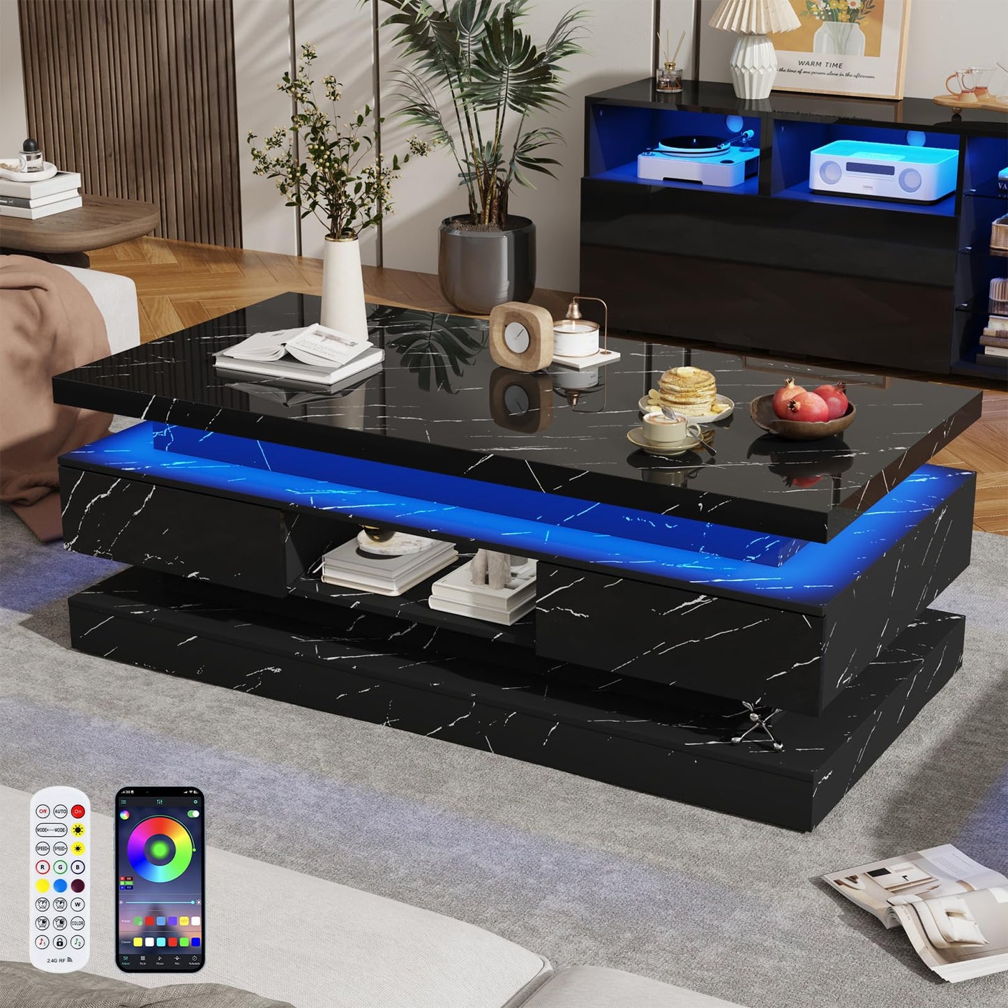 47.2 inch Modern High Glossy LED Coffee Table with 2 Sliding Drawers, Double-Layer Center Tables with LED Lights for Livings Room Furniture, Black