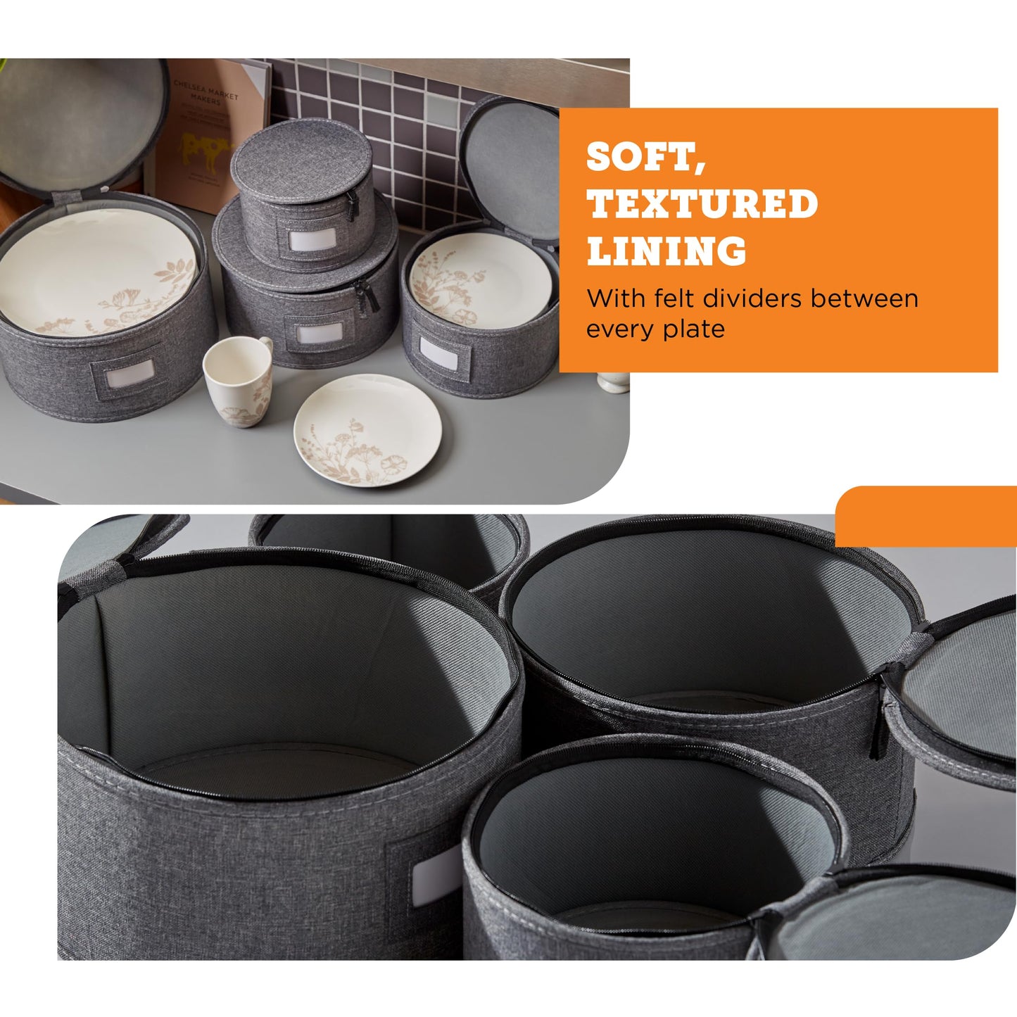 storageLAB China Storage Containers, Hard Shell Case with Felt Dividers for Charger Plates, and Dishes, Ideal for Kitchen Organization, Moving Supplies, and Fine China Storage - 4-Piece Set, Gray