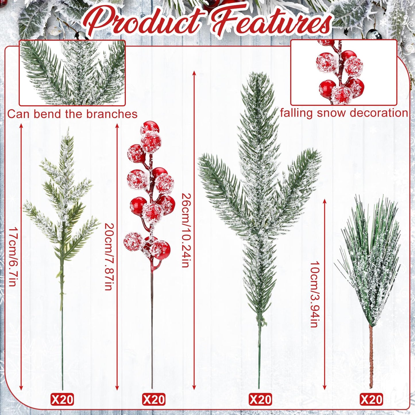 Lyrow 80 Pieces Christmas Snowy Pine Tree Picks Artificial Berry Stems Sprays Faux Cedar Pine Needles Branches for Holiday Arrangement Wreath DIY Garland Holiday Decor Winter Greenery (Red)