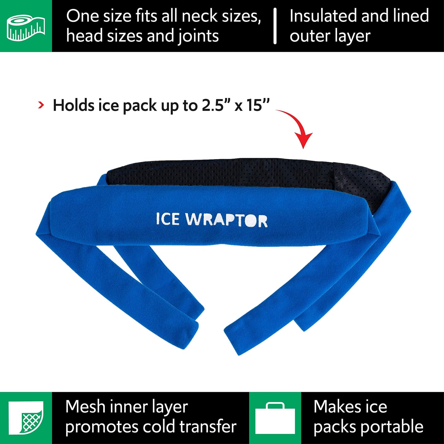 Ice Wraptor Bandana + 4 inserts:Just Add Water & freeze. Keep Neck, Head, oints Cool. Portable Ice Therapy for Pain Relief.Adjustable, Lightweight Comfortable- w/ 5 2.5"x15" Reusable Cryosheet Inserts