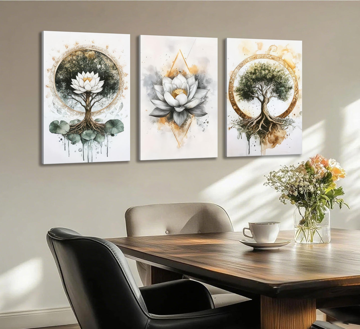 3Pcs Zen Meditation Lotus Canvas Wall Art Spiritual Bathroom Yoga Spa Paintings Pictures Wall Decor Tree of Life Posters Prints Artwork for Living Room Office Bedroom Home Decoration.