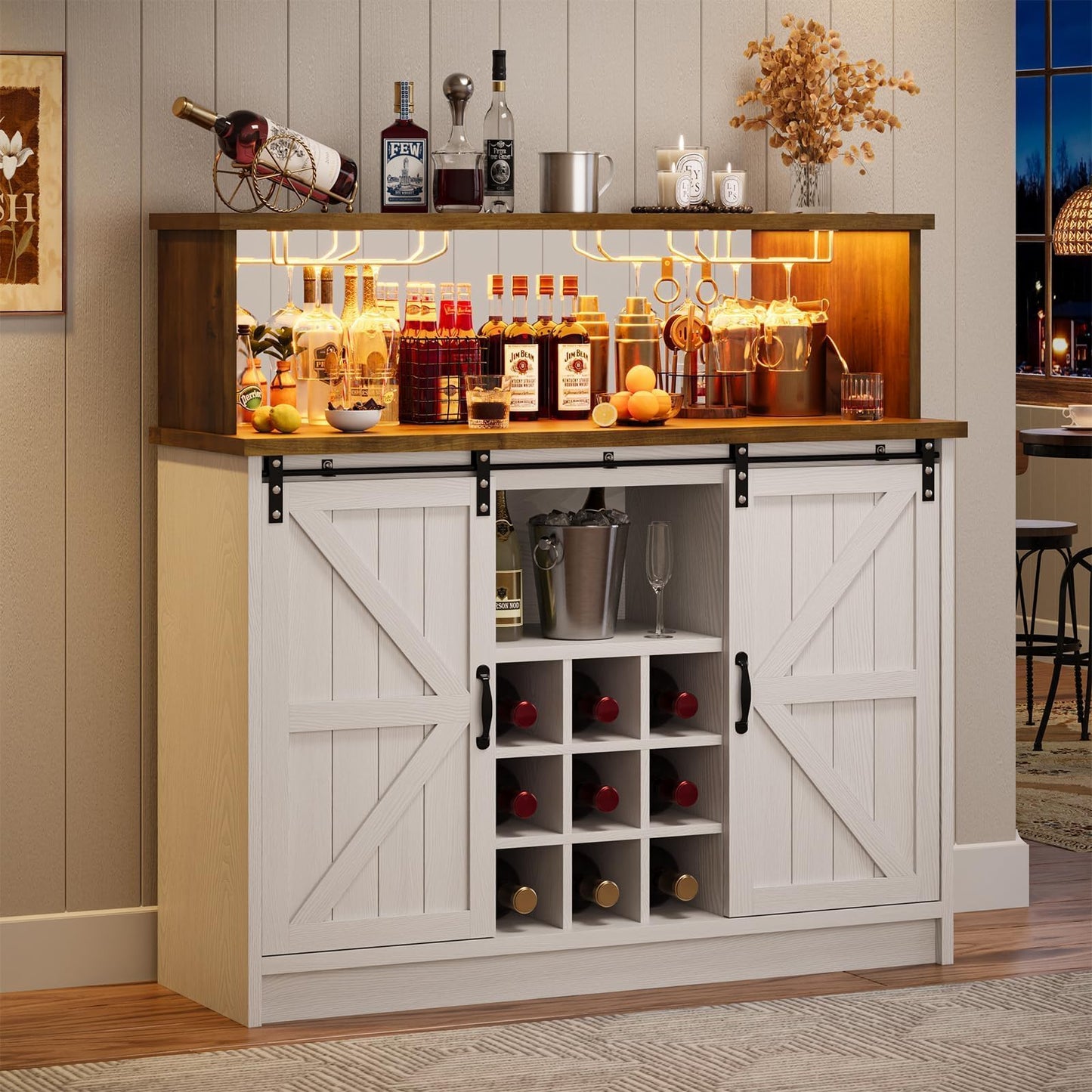 4ever2buy Farmhouse Coffee Bar with LED Lights, 47 inch Coffee Bar Cabinet with Storage, Wine Bar Cabinet with Wine and Glass Rack for Living, Dining Room, White