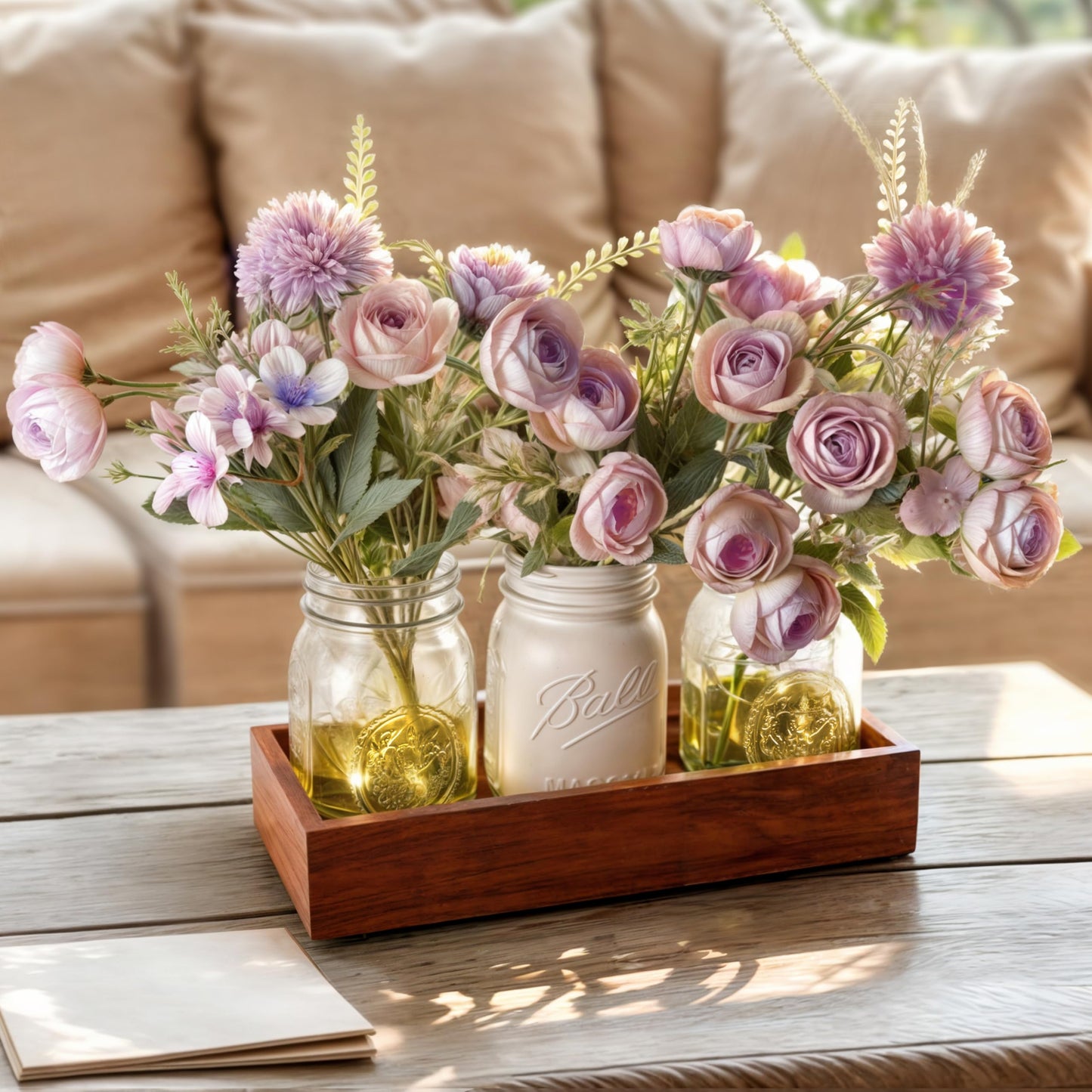 LIOZLIOLY Dining Mason Jar Lights Centerpiece Table Decorations for Dining Room Farmhouse Coffee Table Decor with Wood Tray, 3 Jars Artificial Flowers and Led Light for Kitchen Living Room (Purple)