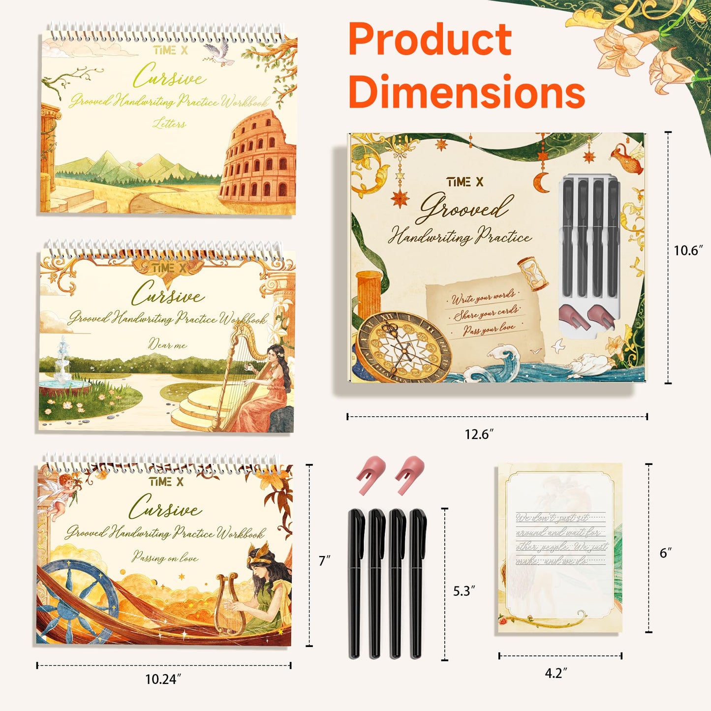 TIME X Grooved Cursive Handwriting Workbook Kit - Cursive Handwriting Workbook for Kids 8-12 and Adults - 3Pcs Magic Reusable Handwriting Workbook with Detachable Quote Postcards - 12.6"x10.6"