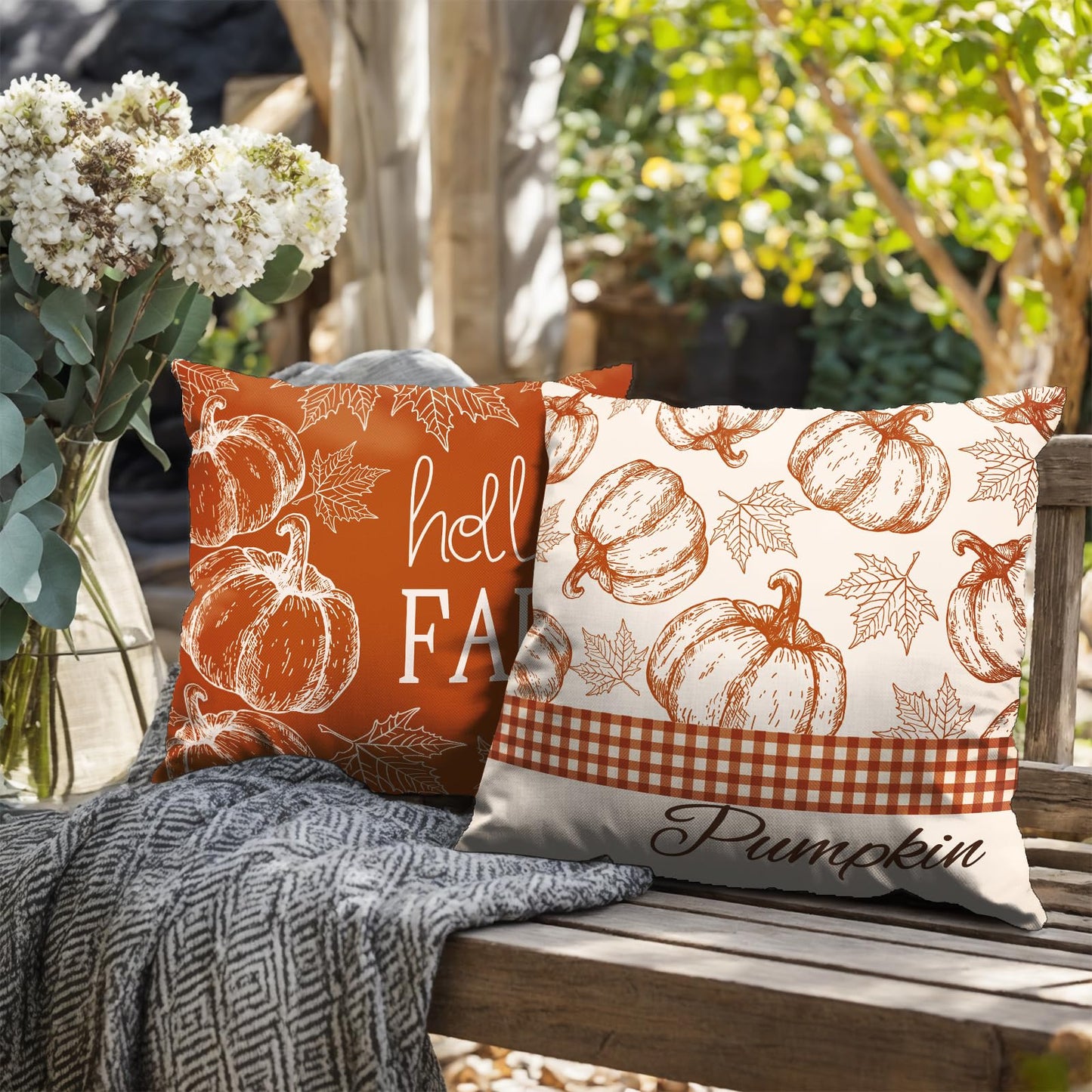 Wnoesat Hello Fall Pumpkin Pillow Covers 18x18 Set of 2 Autumn Maple Leaves Burnt Orange Outdoor Throw Pillows Case Farmhouse Thanksgiving Decorative Cushion Covers for Home Couch Sofa