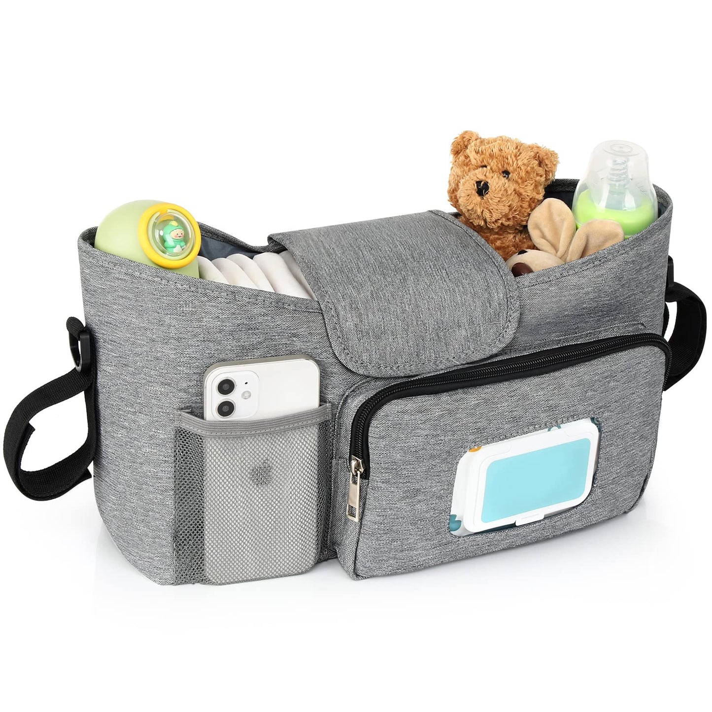 Accmor Universal Stroller Organizer with Insulated Cup Holder, Stroller Caddy Bag Accessories, Stroller Cup Holder Organizer for Uppababy Baby Jogger Britax Stroller, Grey