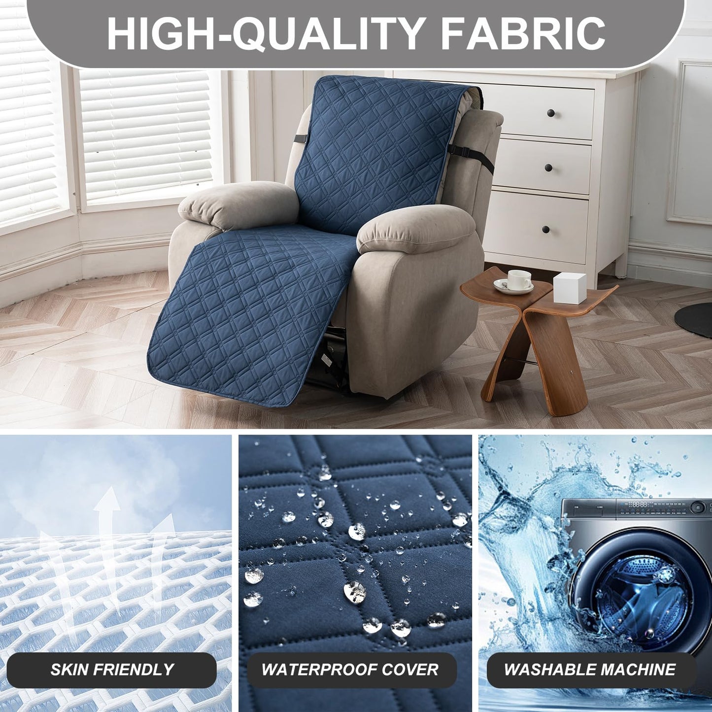 YUEANG Recliner Chair Covers Waterproof 100% Recliner Cover Chair Covers for Recliners Non-Slip Pet Protector Furniture Covers Recliner Sofa Cover for Kid Dog, Navy Blue