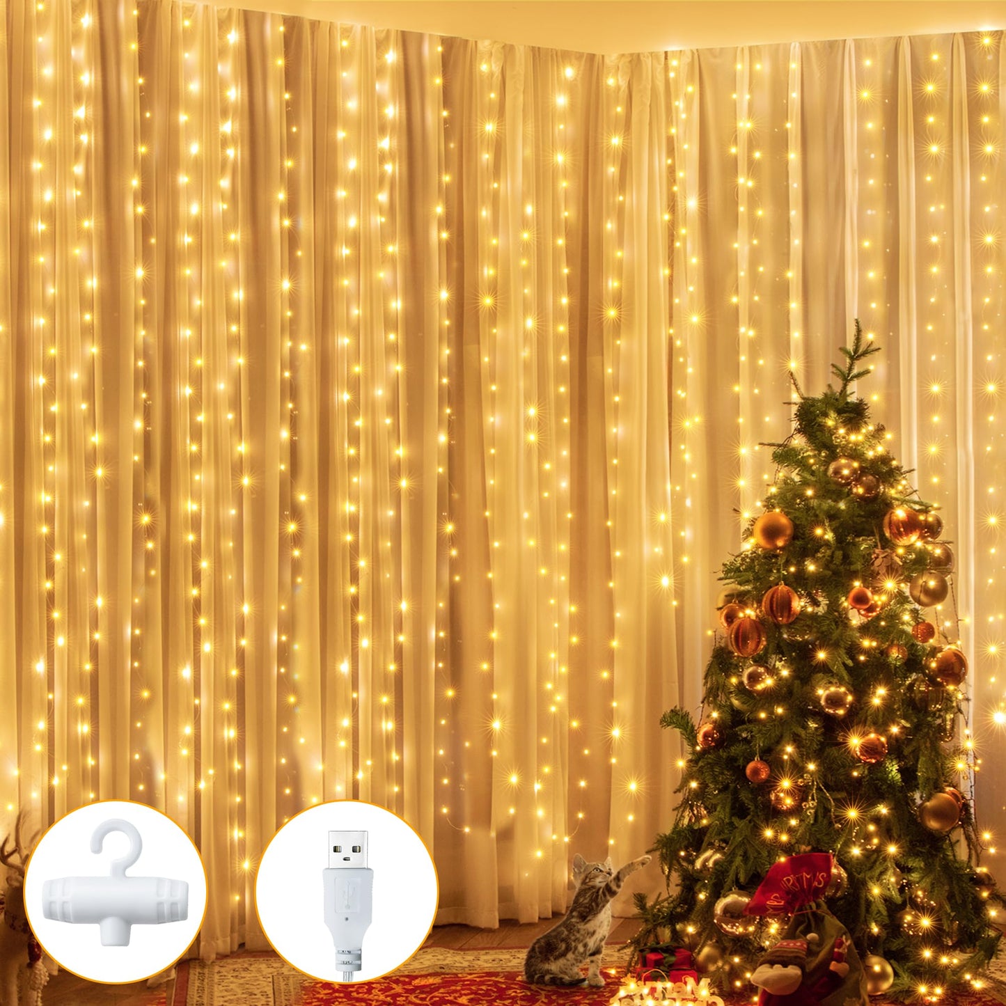 Ollny Curtain Lights 6.6x6.6ft, 200 LED String Lights with Remote 8 Modes Dimmable Timer, USB Power Fairy Light for Bedroom Backdrop Indoor Wall Window Wedding Decor, Warm White