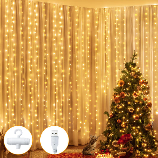 Ollny Curtain Lights 6.6x6.6ft, 200 LED String Lights with Remote 8 Modes Dimmable Timer, USB Power Fairy Light for Bedroom Backdrop Indoor Wall Window Wedding Decor, Warm White
