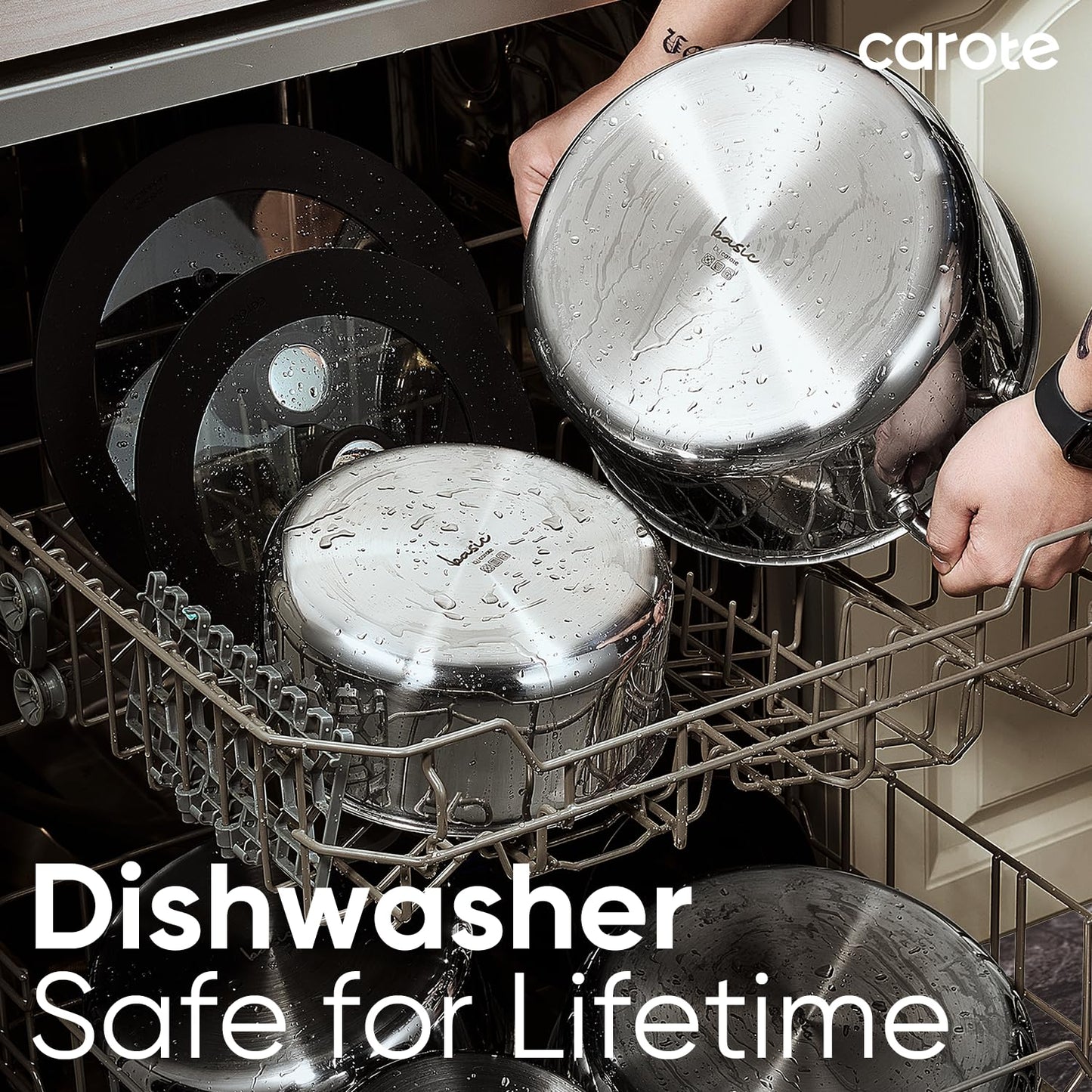 CAROTE 14pcs Pots and Pans Set, Stainless Steel Cookware Set Detachable Handle, Induction Kitchen Cookware Sets with Removable Handle, RV Cookware Set, Oven Safe, Camping Cookware, Black